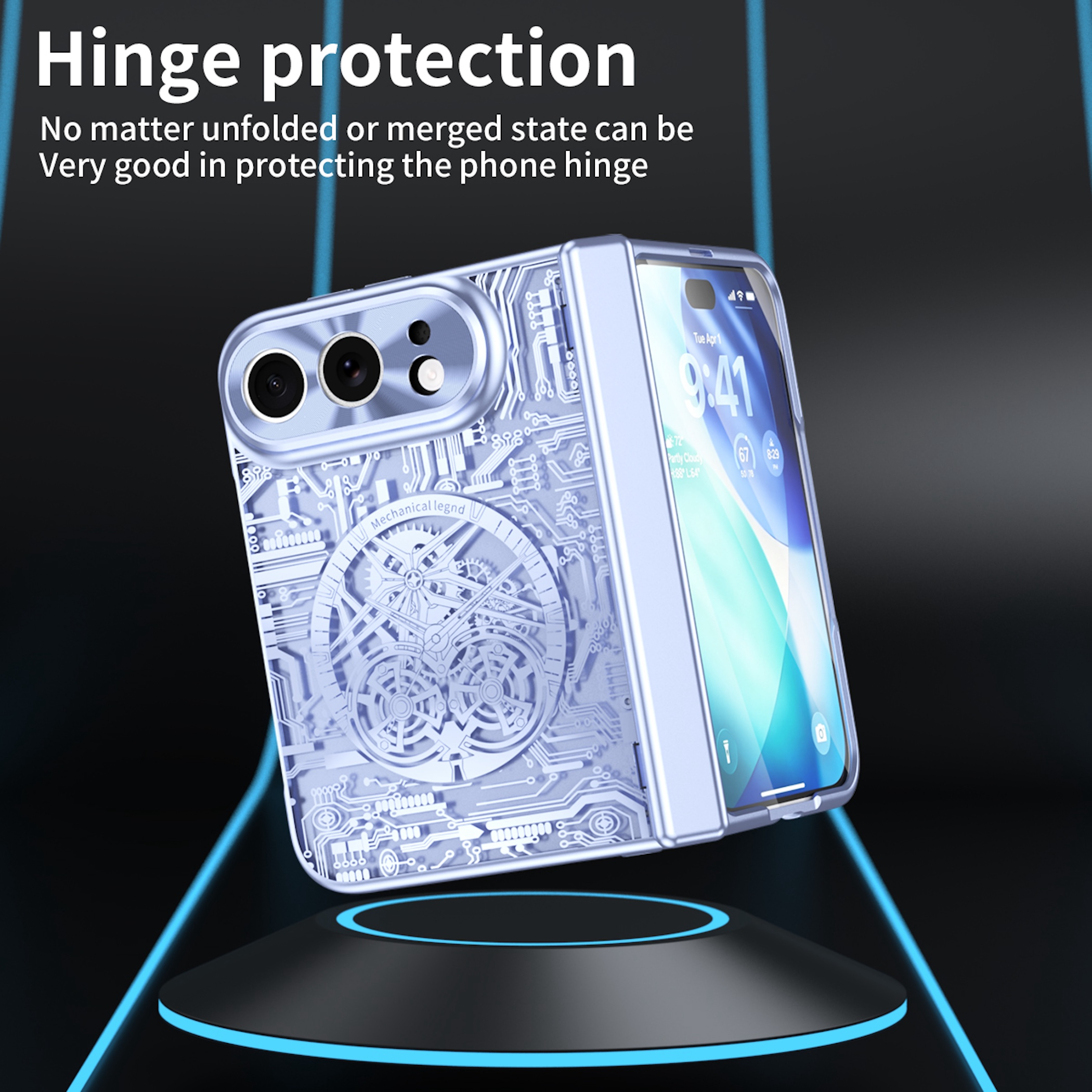 Ein faltbares Smartphone in einer blauen Schutzhülle mit Platinenmustern und mechanischen Zahnrädern.