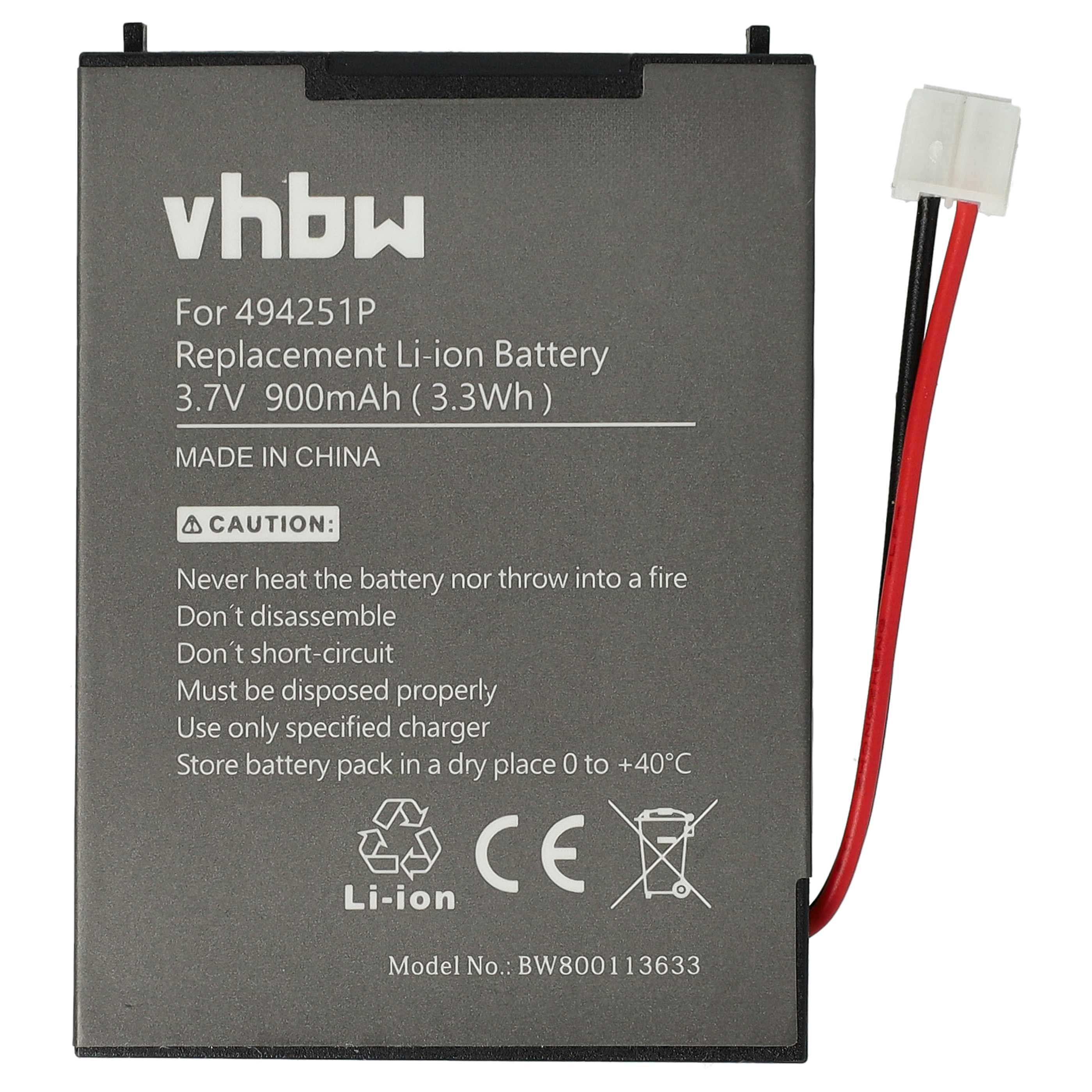 Grauer VHBW Lithium-Ionen-Akku mit technischen Daten und rotem und schwarzem Kabel mit weißem Stecker.