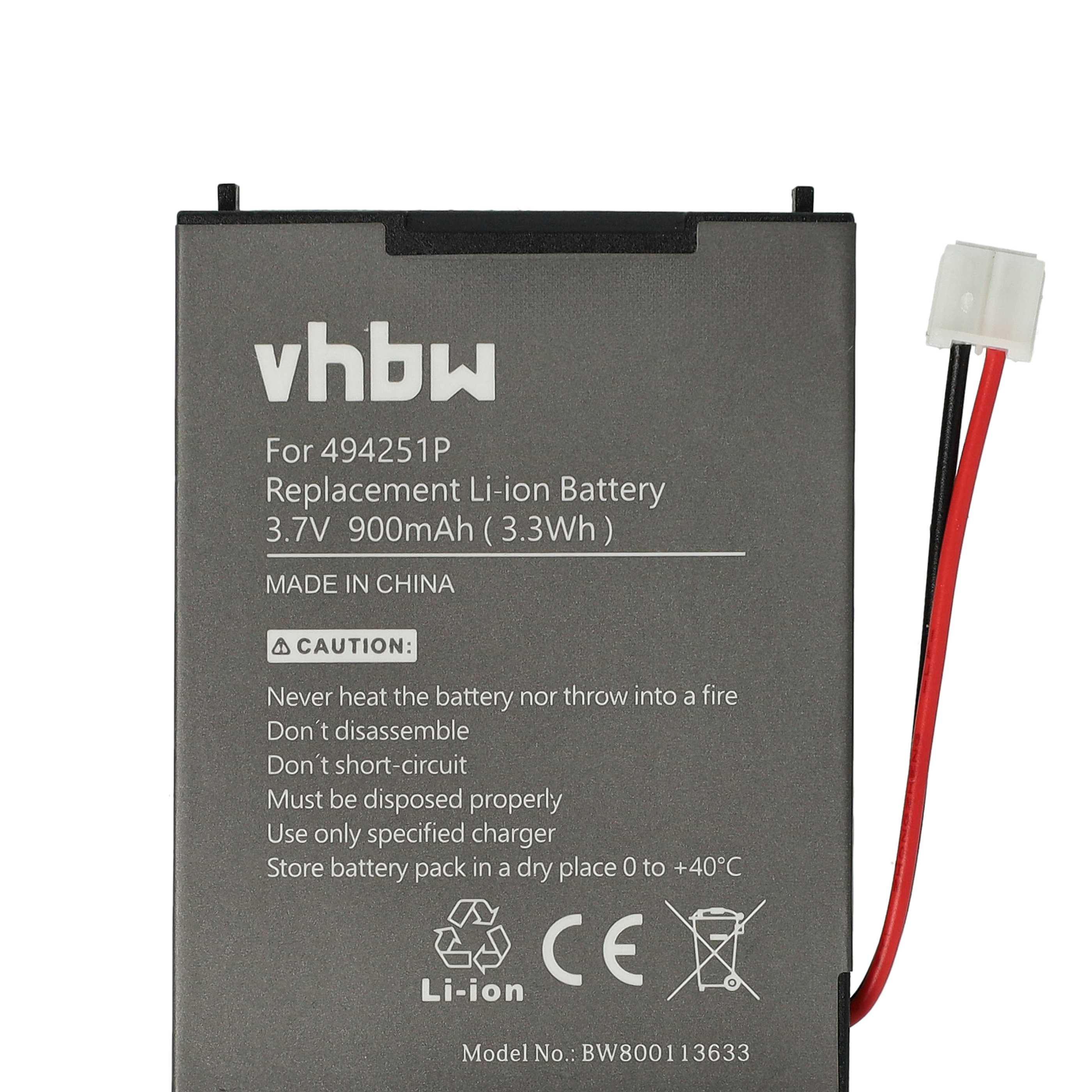 Grauer vhbw Li-Ion-Akku mit 3,7V und 900mAh, inklusive rotem und schwarzem Kabel mit Stecker.
