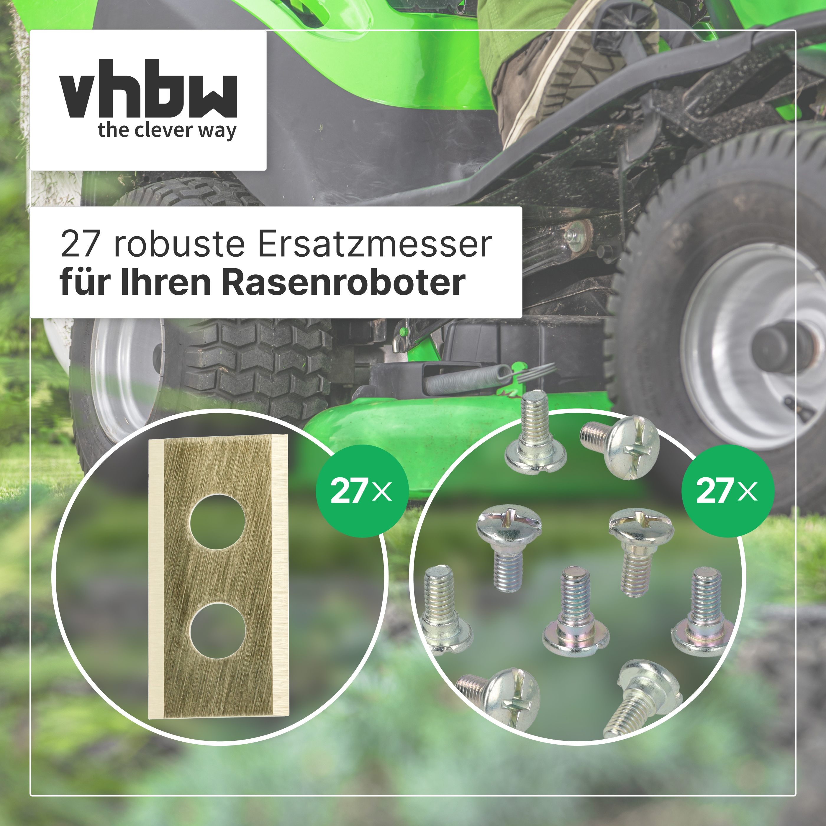 27 goldene Ersatzmesser und Schrauben für Mähroboter vor einer grünen Rasenmäher-Maschine.