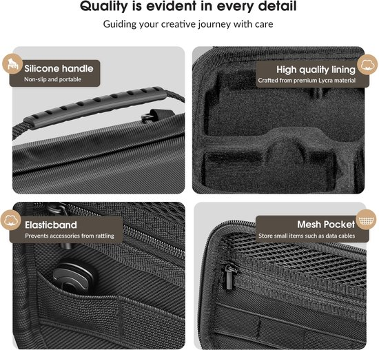 Vier Bilder zeigen Details einer schwarzen Tragetasche: Silikongriff, hochwertiges Innenfutter, Gummiband und Netztasche.