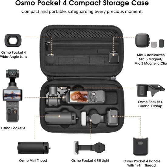 Schwarze Osmo Pocket 4 Aufbewahrungstasche mit Kamera, Zubehör und beschrifteten Teilen.
