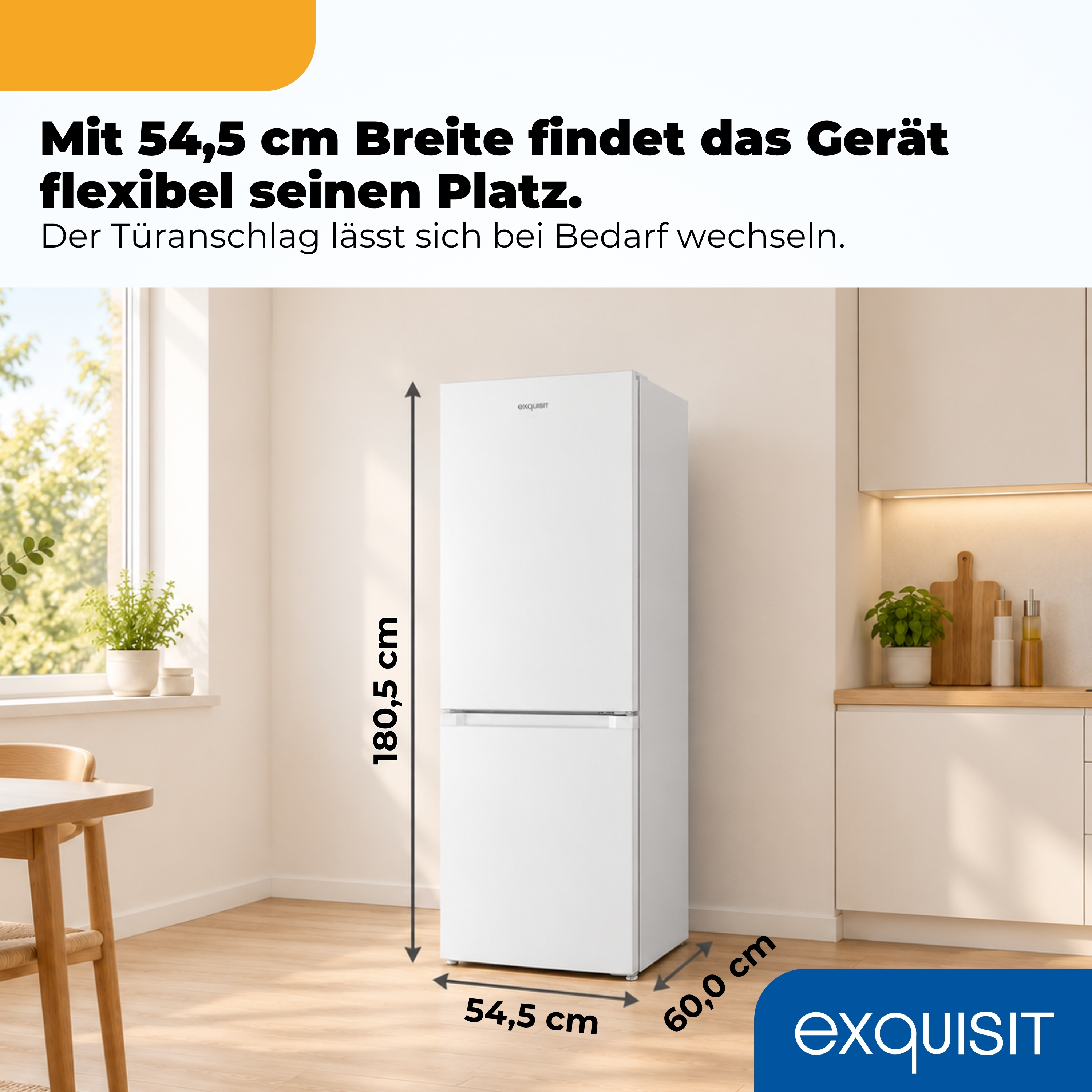 Ein weißer Exquisit-Kühlschrank in einer Küche mit Maßangaben für Höhe, Breite und Tiefe.