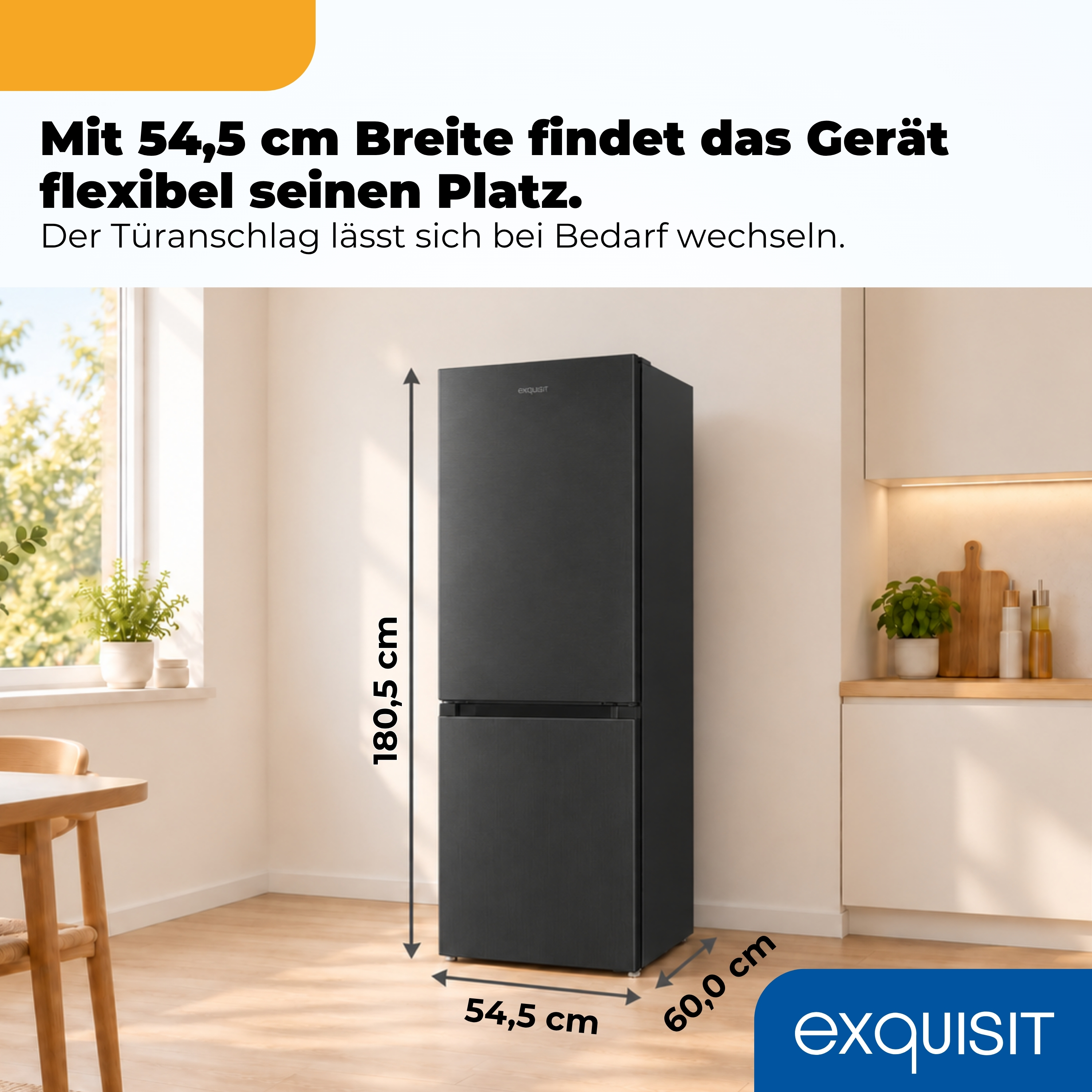 Schwarze Kühl-Gefrier-Kombination in einer Küche mit Maßangaben: 180,5 cm Höhe, 54,5 cm Breite und 60,0 cm Tiefe.