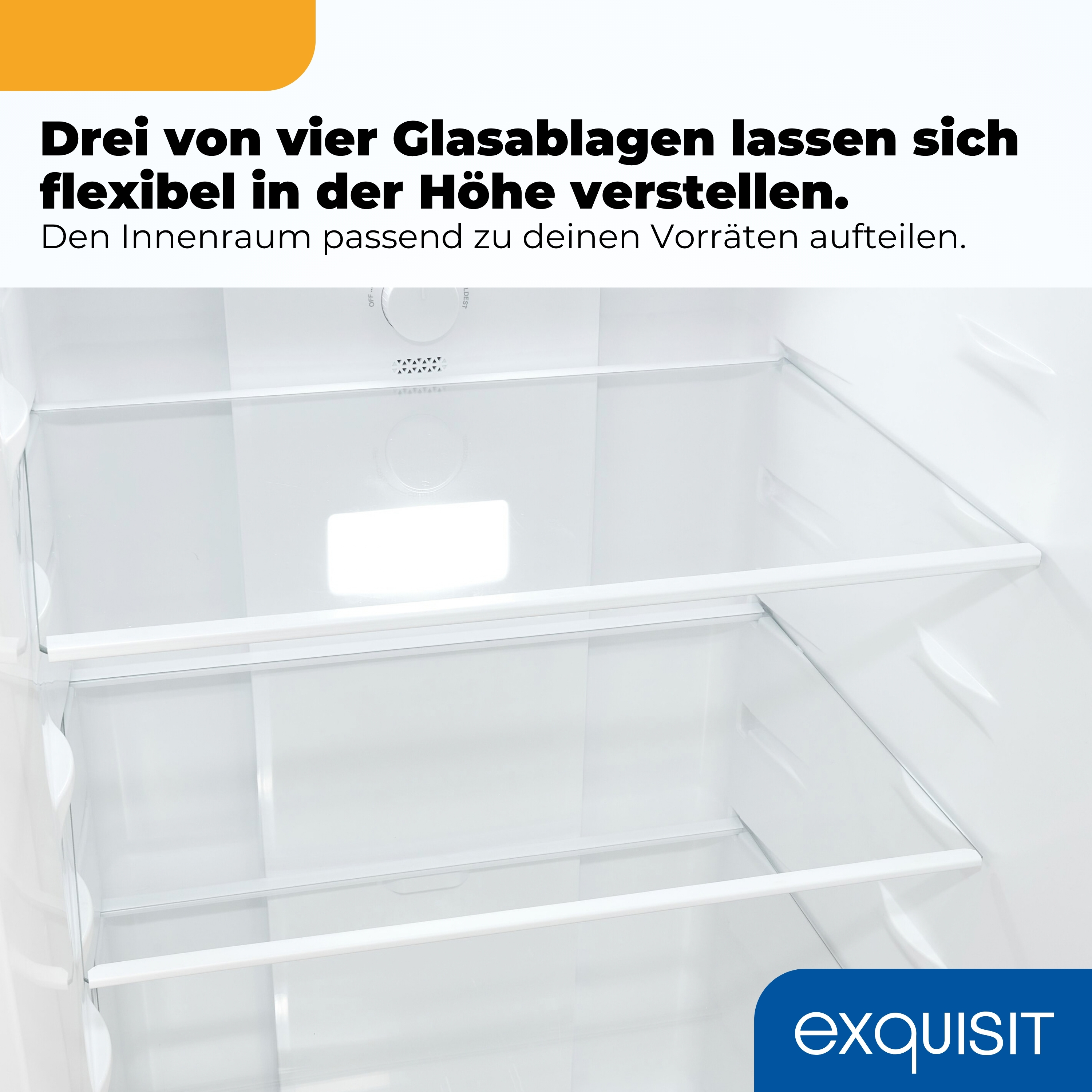 Innenansicht eines leeren weißen Kühlschranks mit verstellbaren Glasböden und beleuchteter Rückwand.