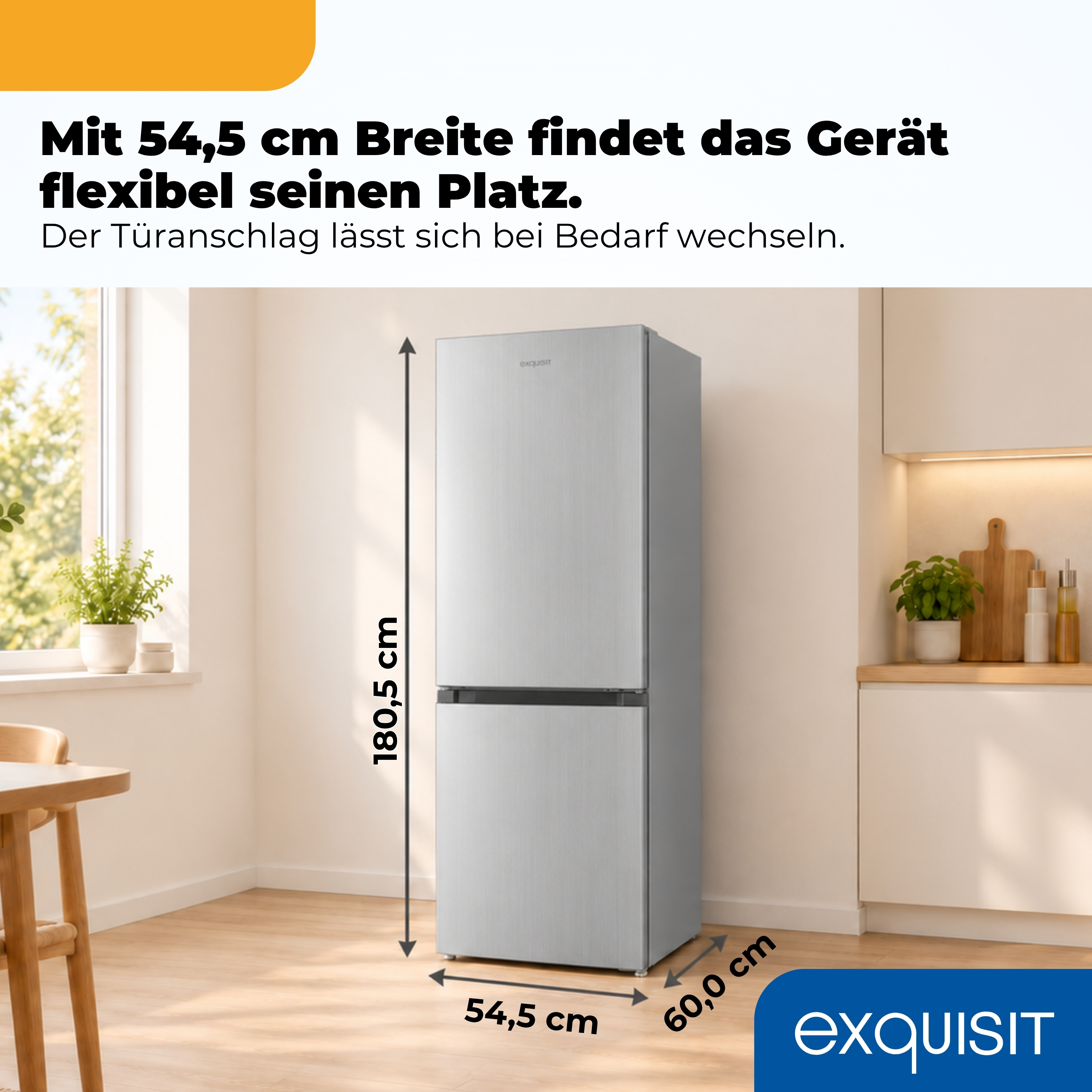 Silberner Kühlschrank in einer Küche mit Maßangaben: 180,5 cm Höhe, 54,5 cm Breite und 60,0 cm Tiefe.