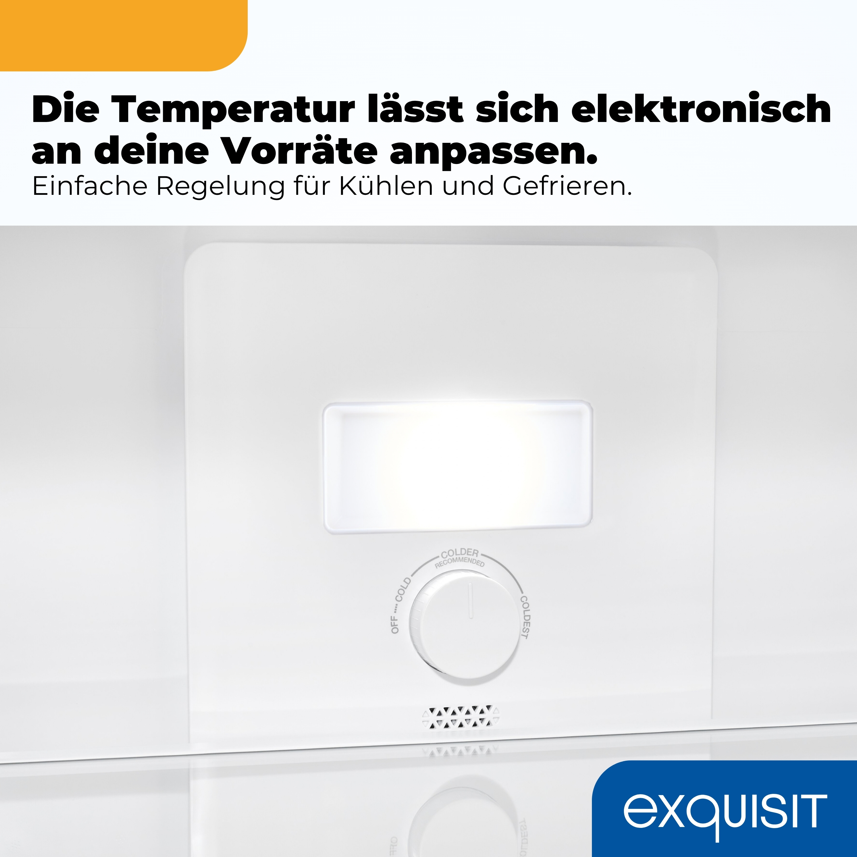 Kühlschrank-Temperaturregler mit Leuchte und dem Exquisit-Logo unten rechts.
