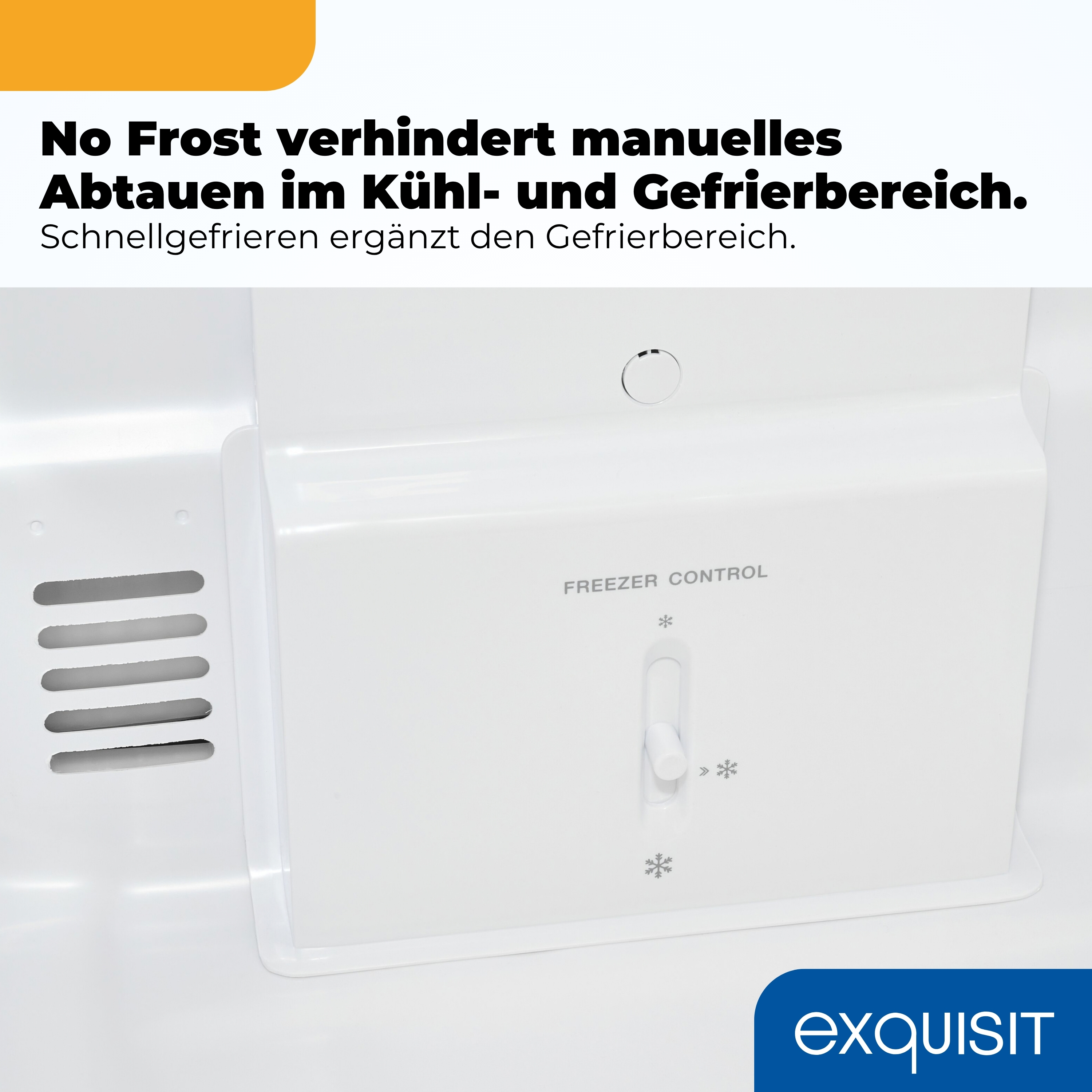 Nahaufnahme eines weißen Gefrierschrank-Bedienfelds mit deutschem Text darüber.