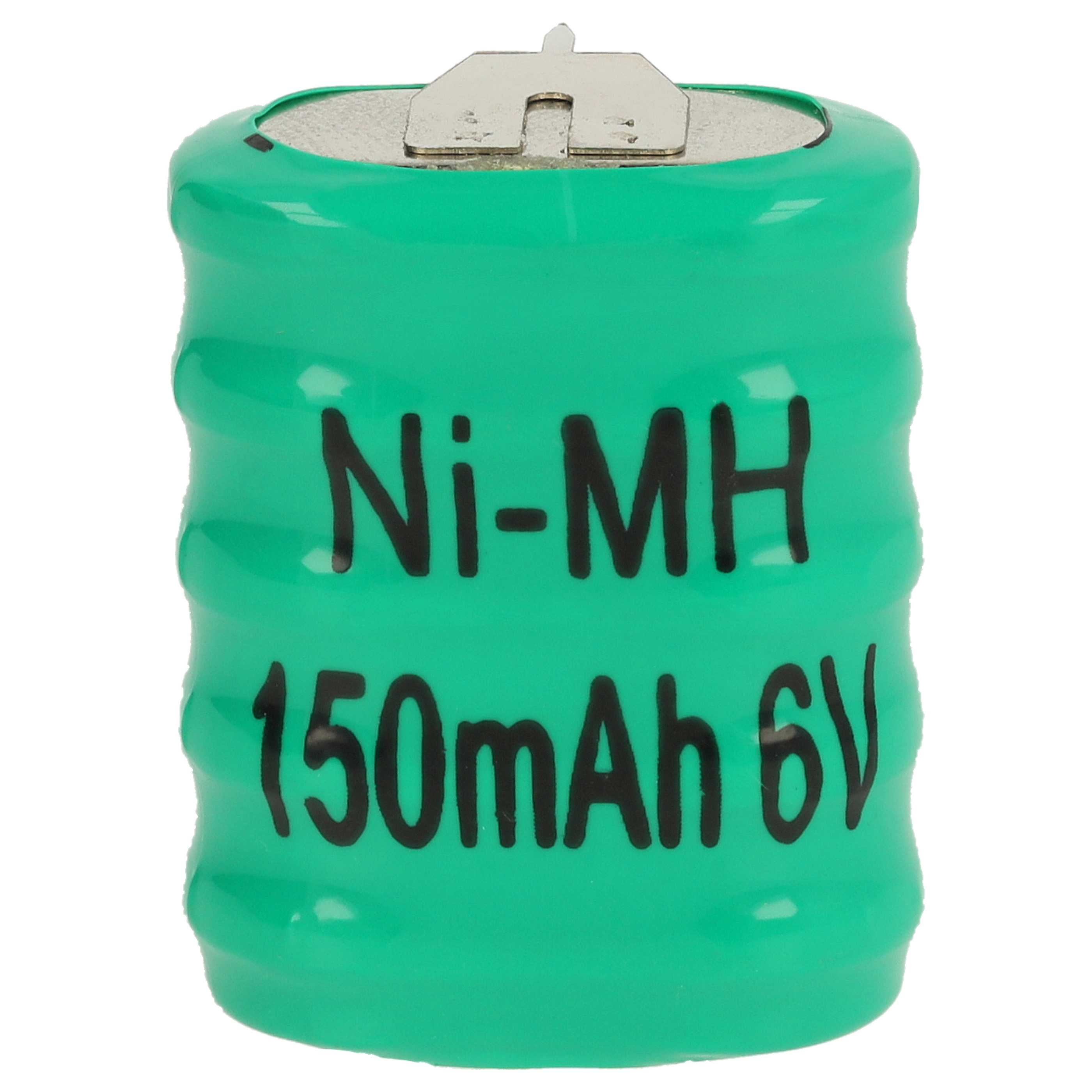 Grüne Ni-MH 150mAh 6V Akku-Zelle mit Metallkontakt auf weißem Hintergrund.