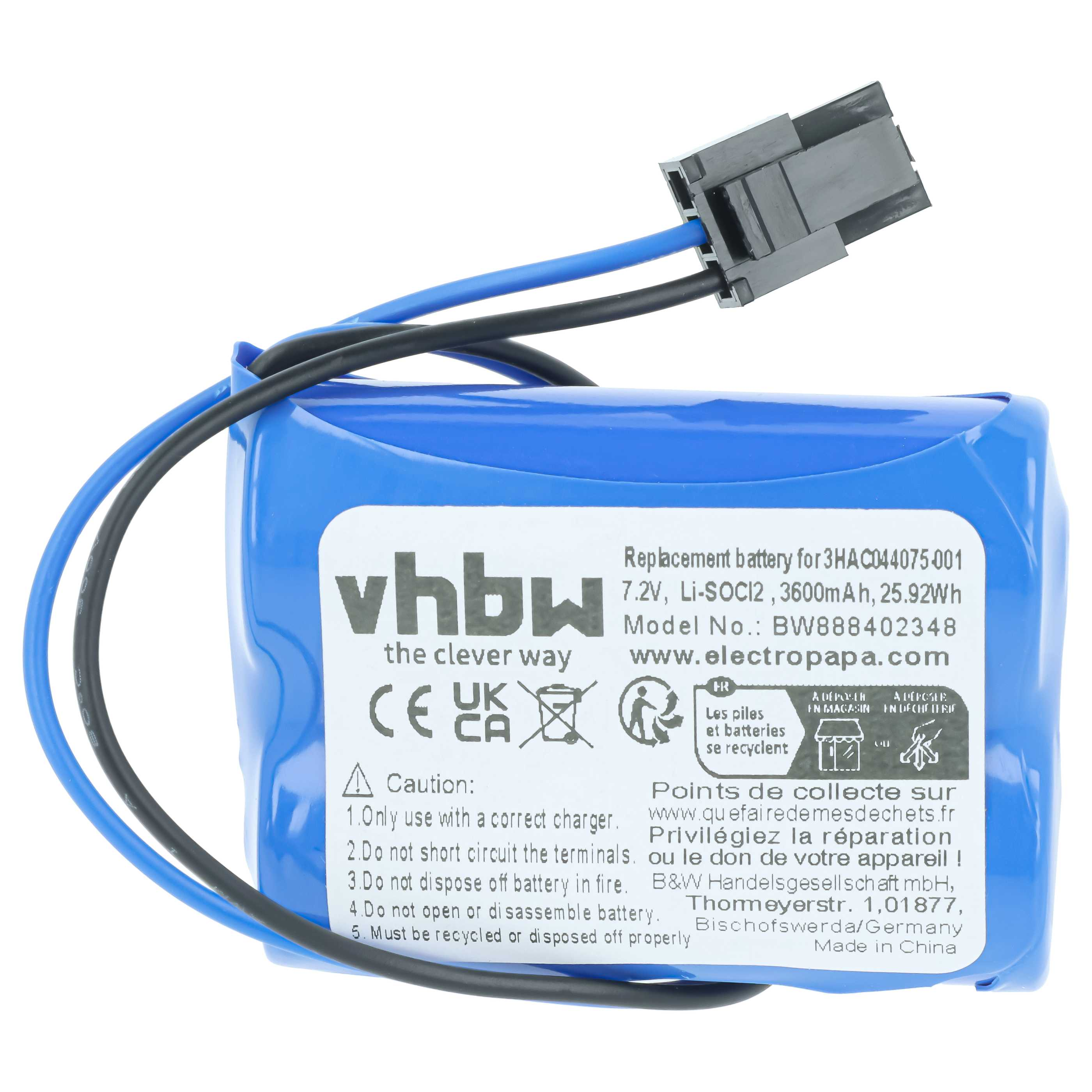 Blaue Ersatzbatterie mit schwarzem Stecker und Kabeln sowie weißem Etikett mit technischen Daten.