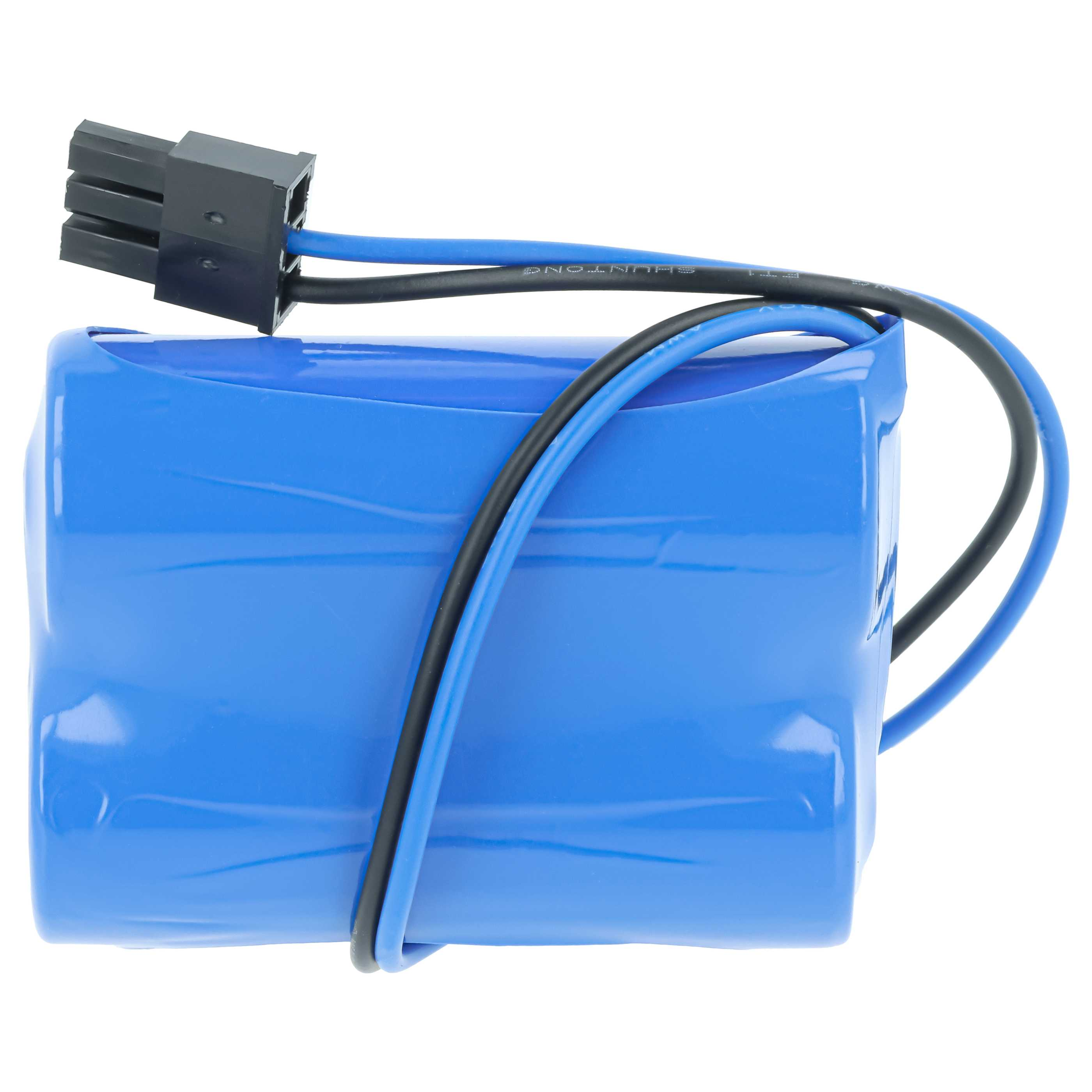 Ein blauer Akku mit schwarzen und blauen Kabeln, die in einem schwarzen Stecker enden.