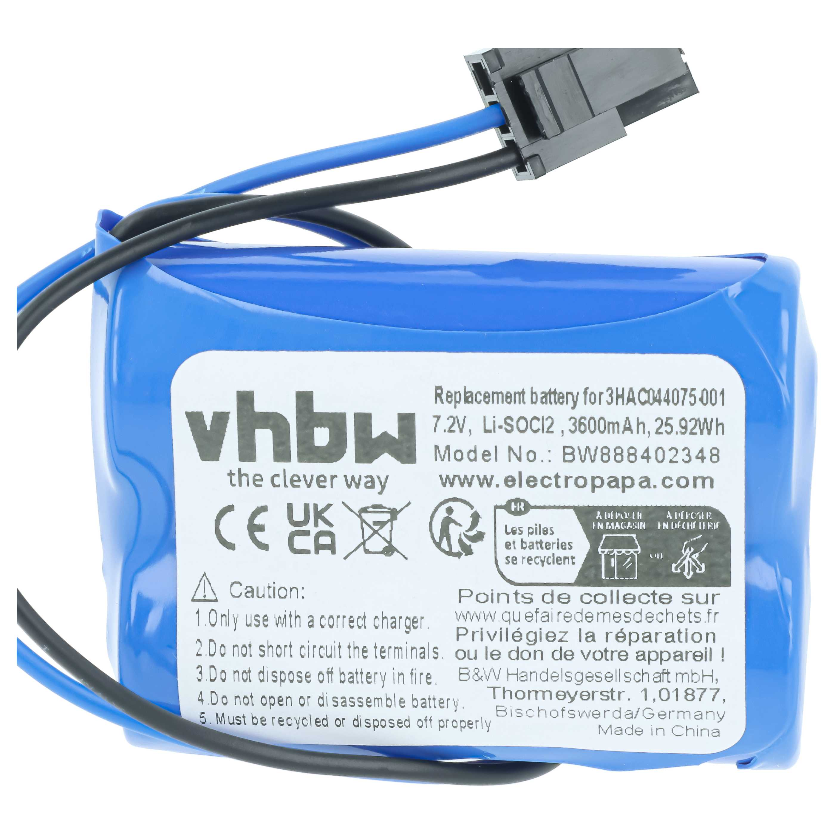 Blaue vhbw Ersatzbatterie mit schwarzen Kabeln und weißem Etikett mit technischen Daten.