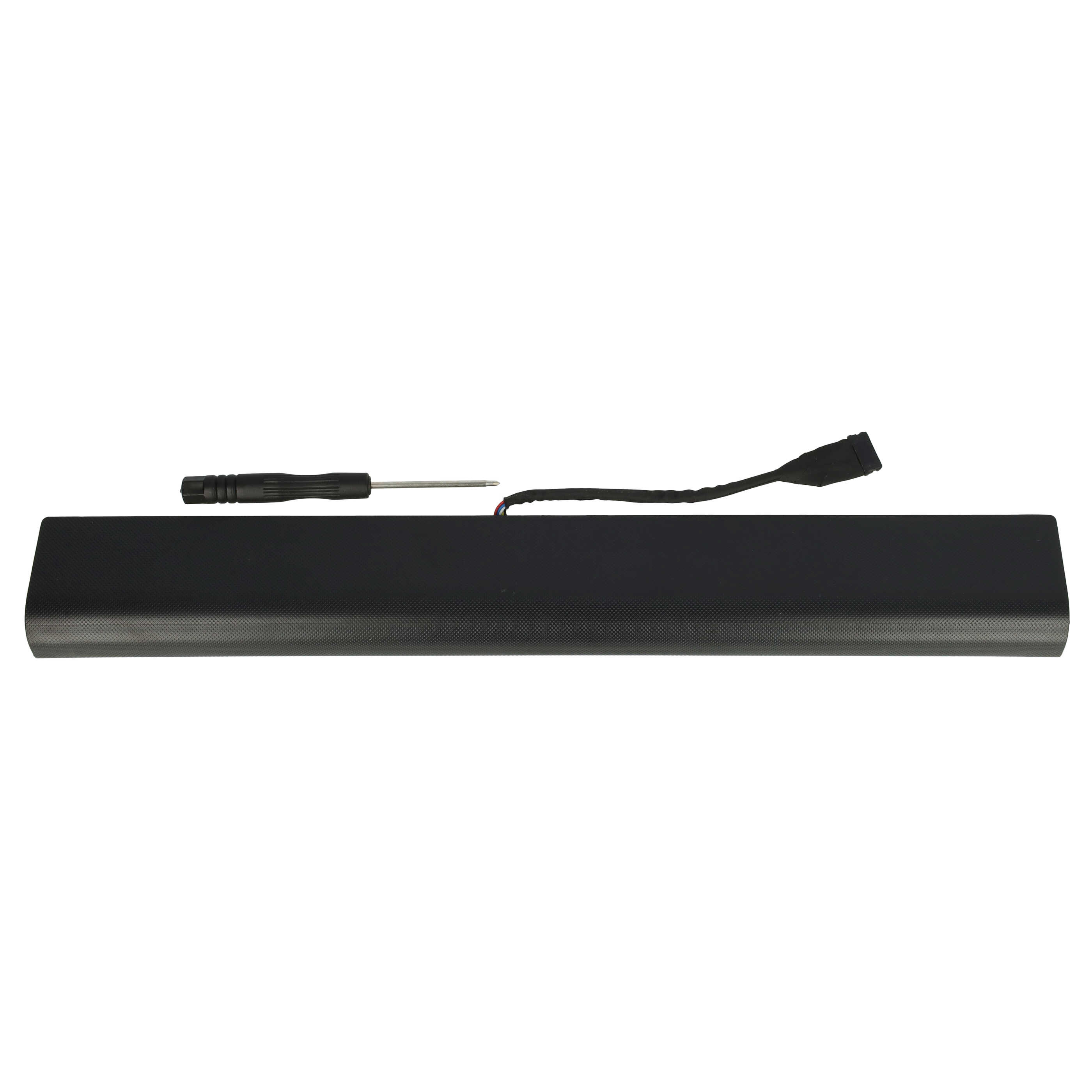 Ein schwarzer Laptop-Akku mit Kabel und einem kleinen Schraubenzieher auf weißem Hintergrund.