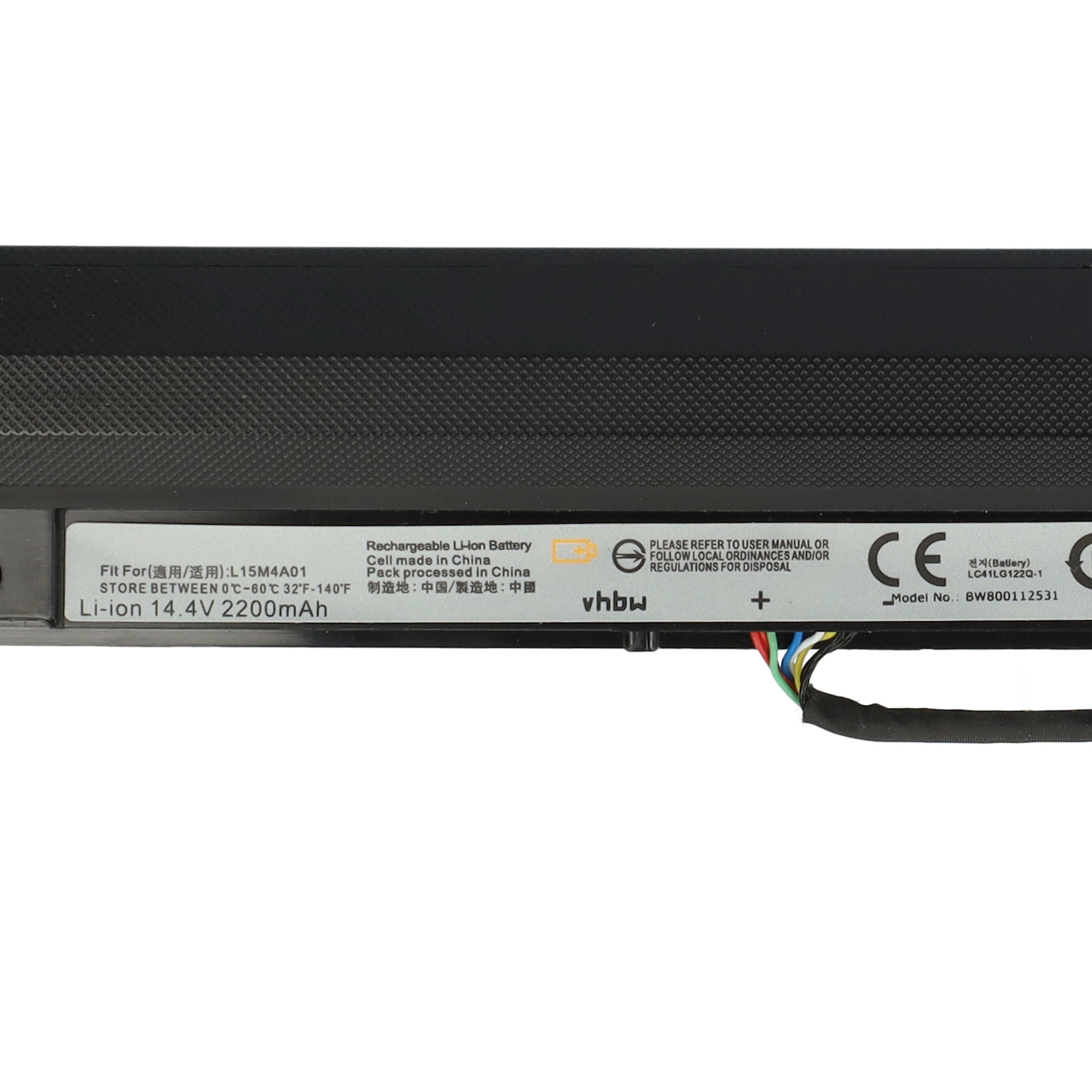 Schwarze wiederaufladbare Lithium-Ionen-Batterie mit Informationsetikett und Kabel.