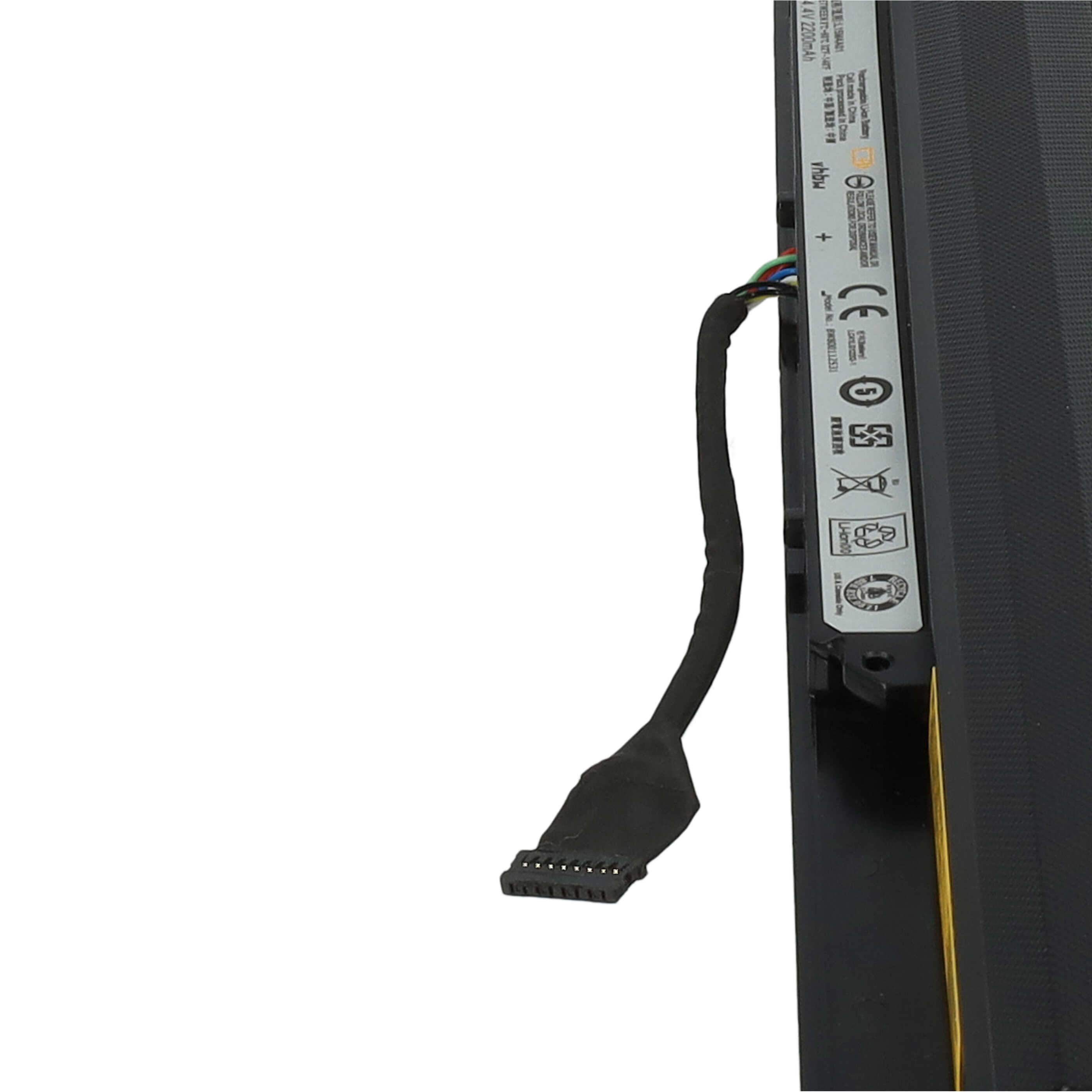 Schwarzer Laptop-Akku mit weißer Beschriftung und einem Kabel mit schwarzem Anschluss.