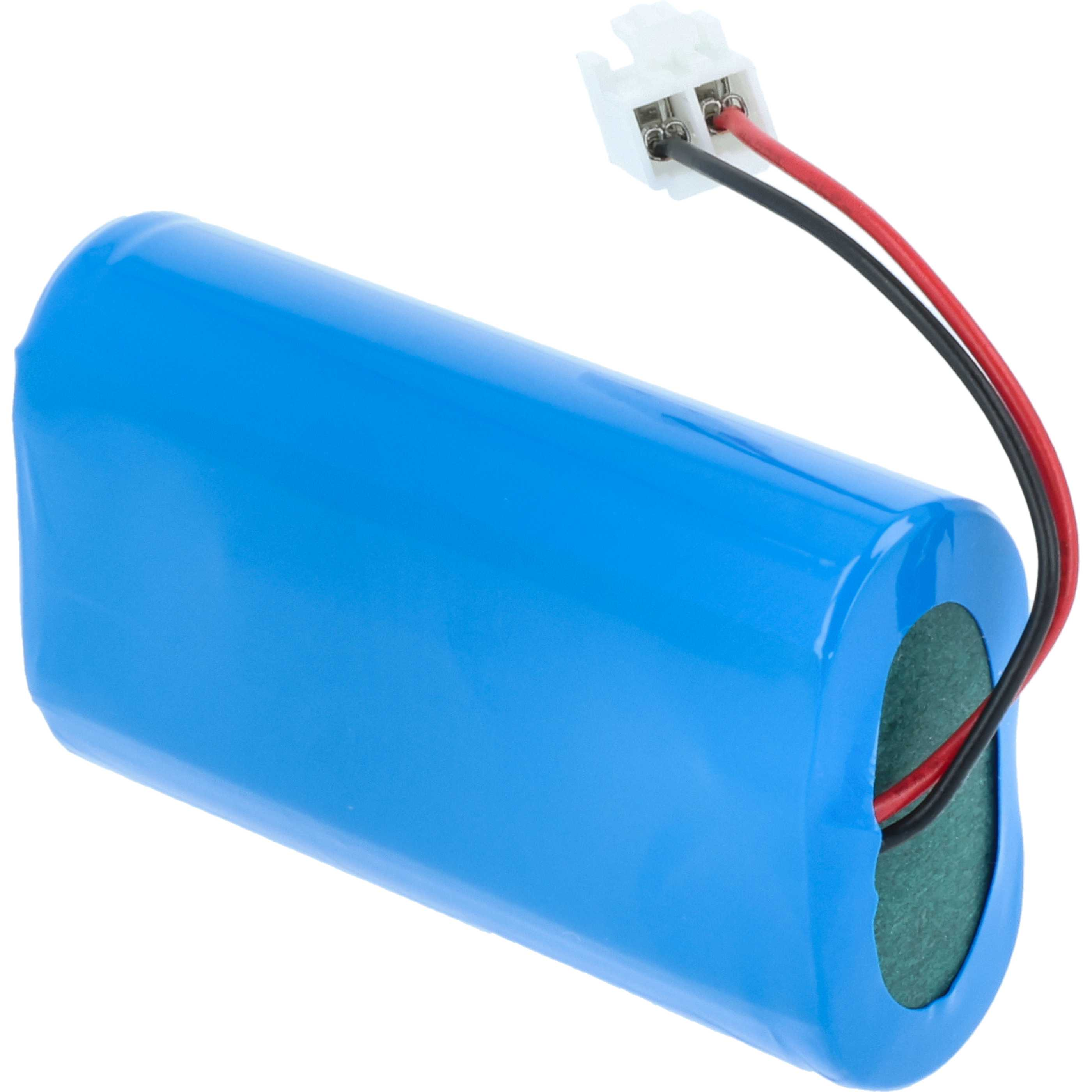 Ein blauer Akkupack mit roten und schwarzen Kabeln, die zu einem weißen Stecker führen, vor weißem Hintergrund.