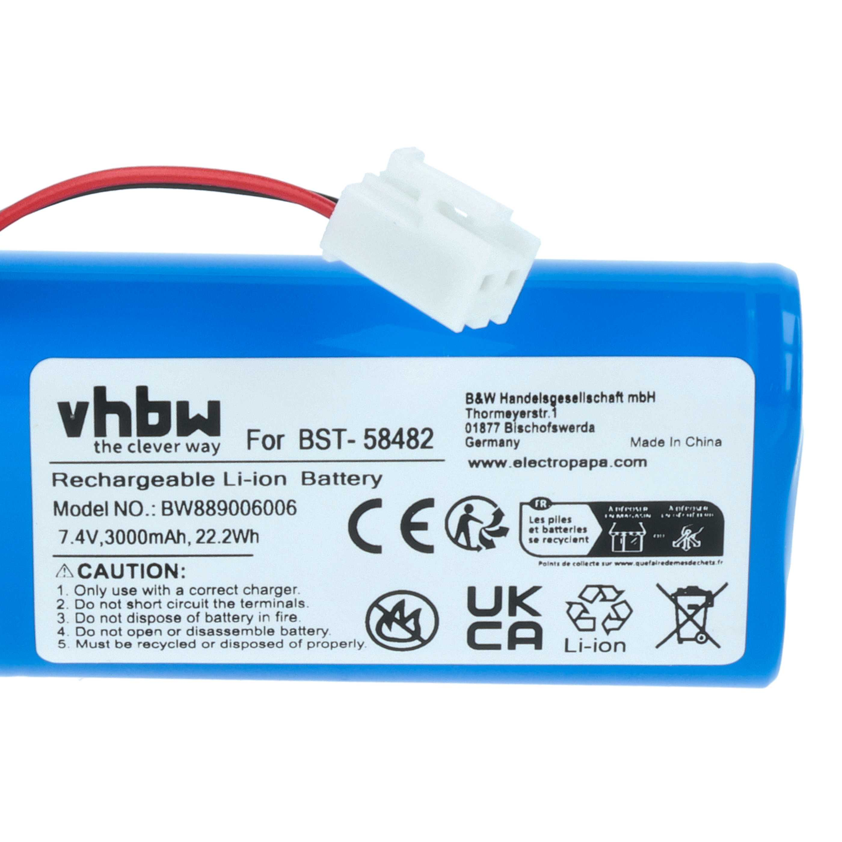 Blaue wiederaufladbare Lithium-Ionen-Batterie mit weißem Etikett, rotem Kabel und weißem Stecker.