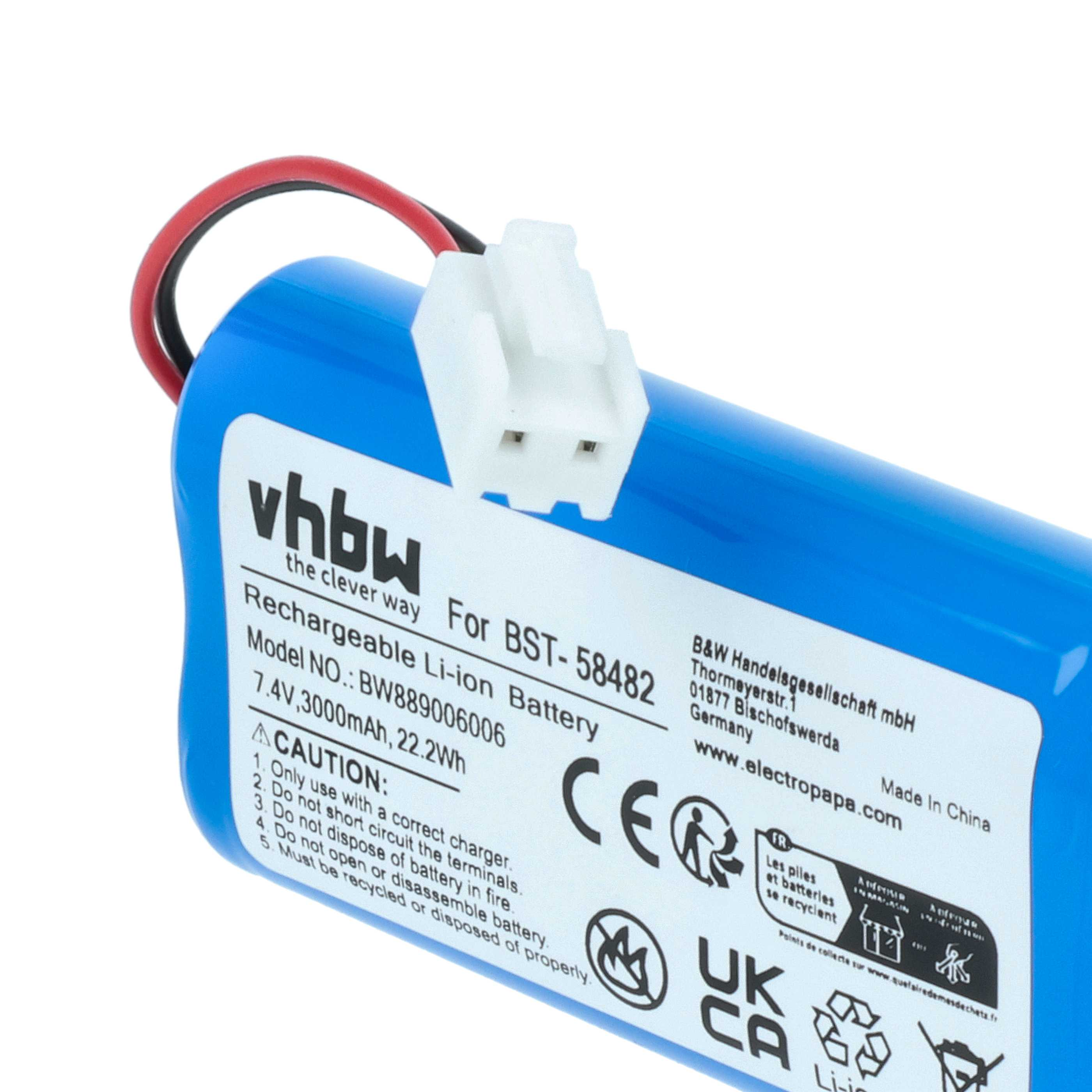 Ein blauer Lithium-Ionen-Akku mit weißem Stecker und Kabel.