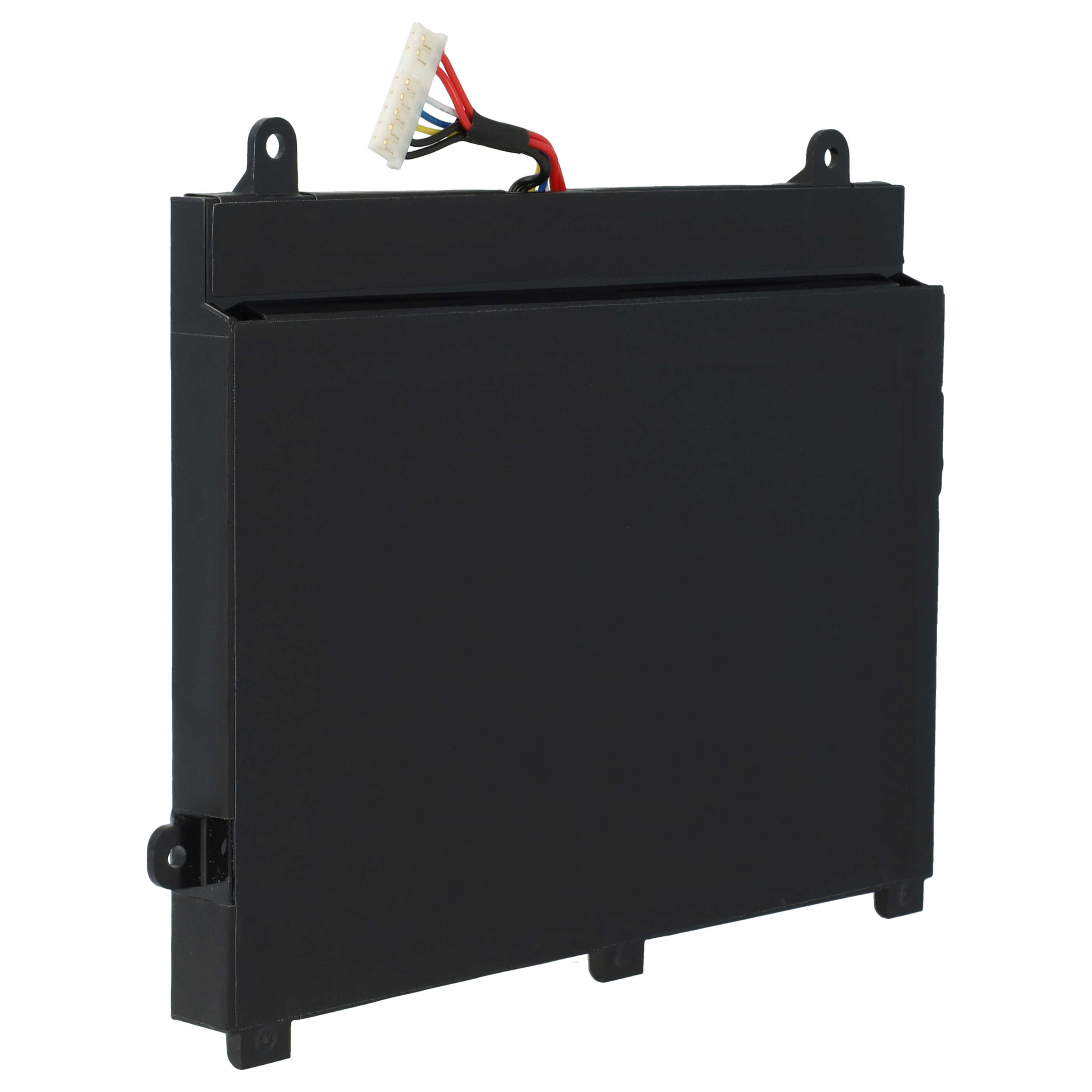 Ein schwarzer rechteckiger Laptop-Akku mit Laschen und einem weißen Stecker mit roten, blauen, gelben und schwarzen Kabeln.