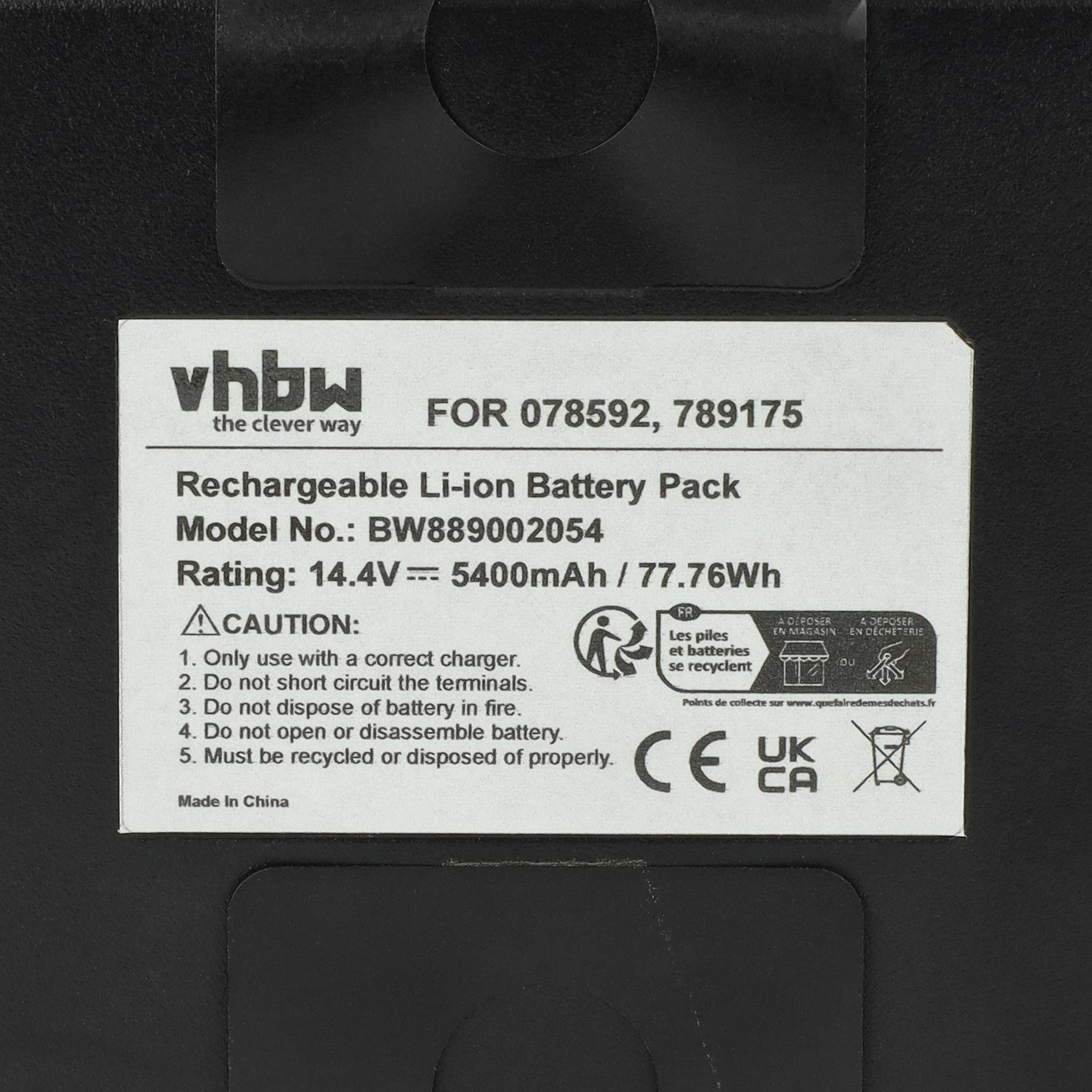 Aufkleber auf einem schwarzen Akku mit Vhbw-Logo, technischen Daten und Warnhinweisen.