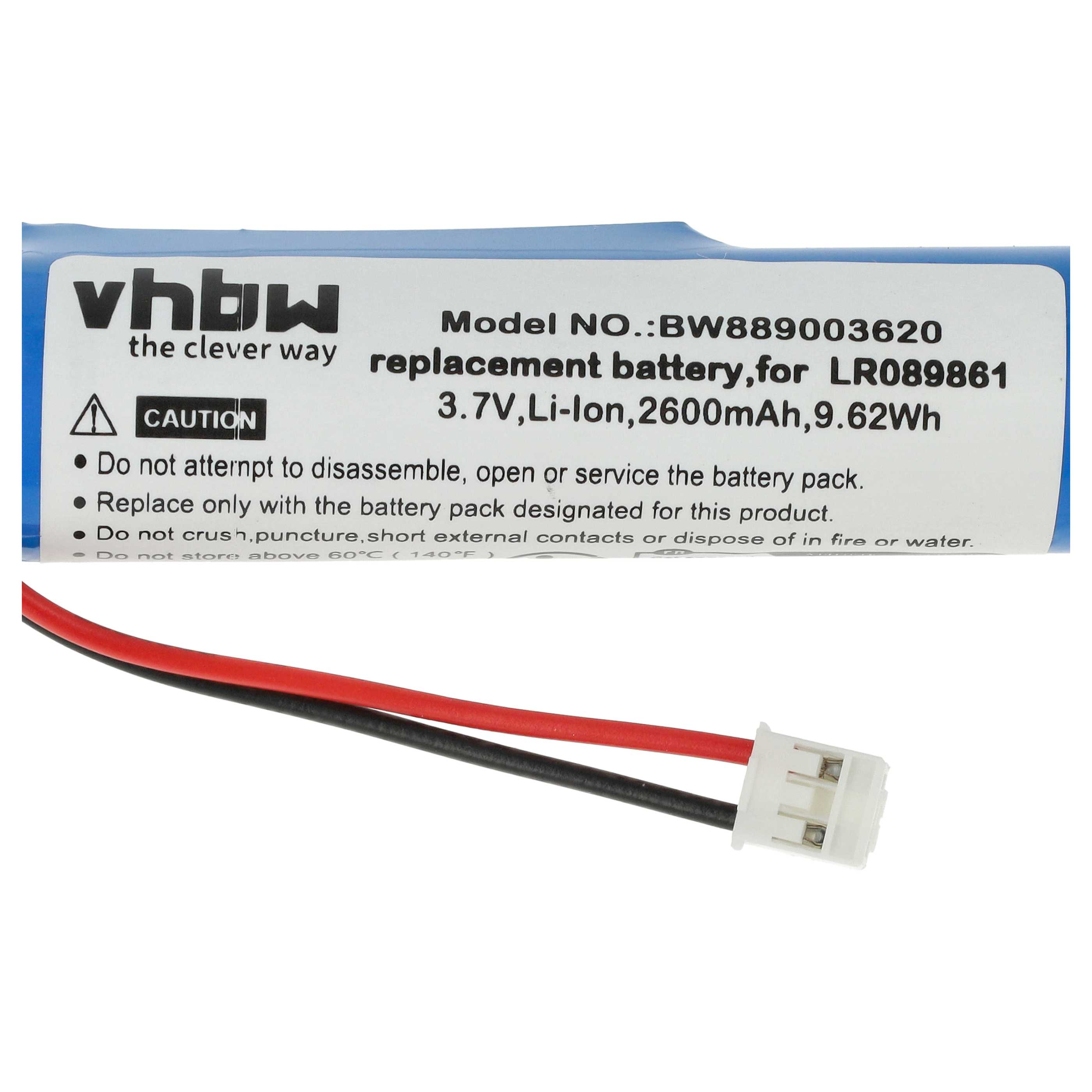 Blaue zylindrische Li-Ion-Ersatzbatterie mit Etikett und rot-schwarzem Kabel mit weißem Stecker.
