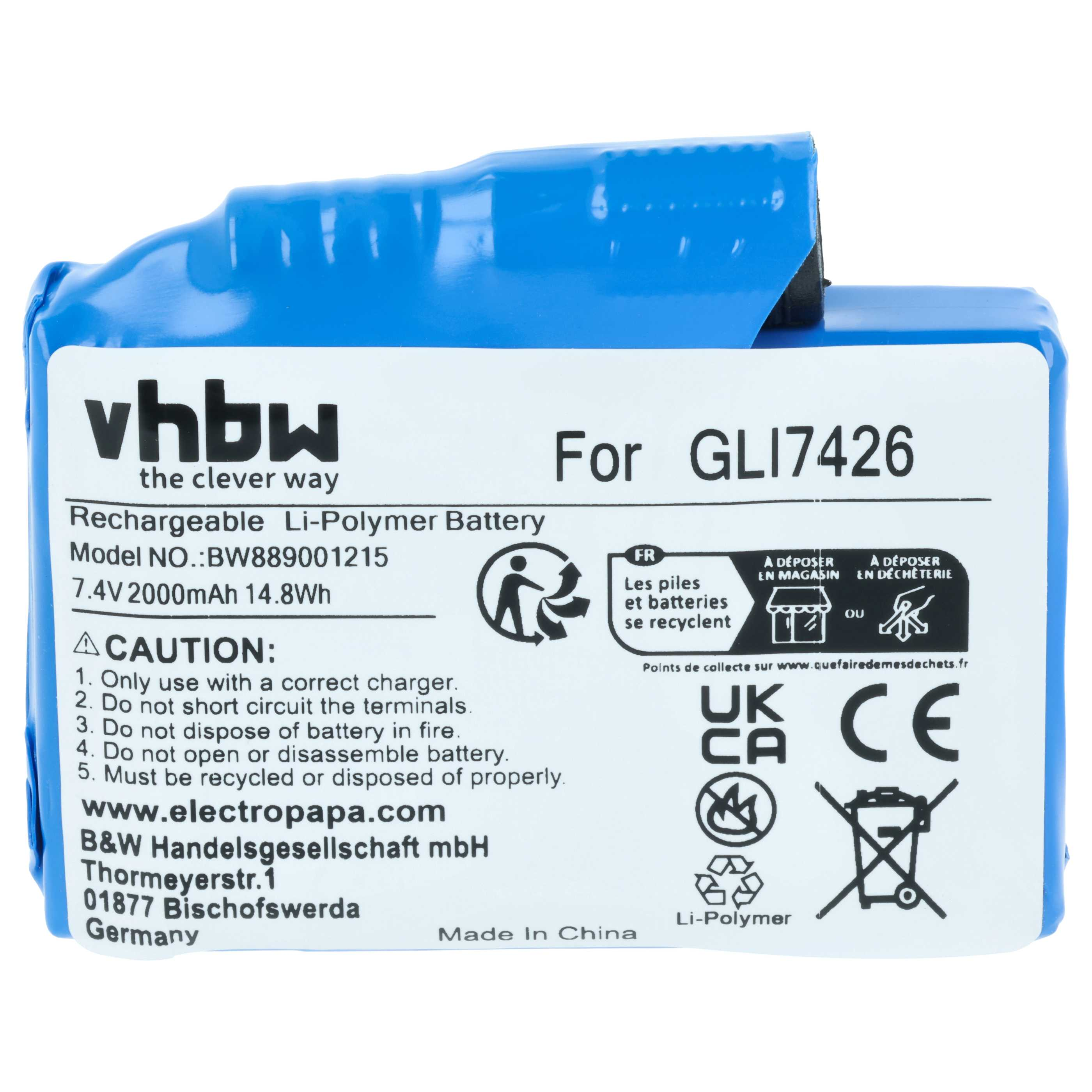 Blaue vhbw Li-Polymer-Batterie mit weißem Etikett und technischen Daten.