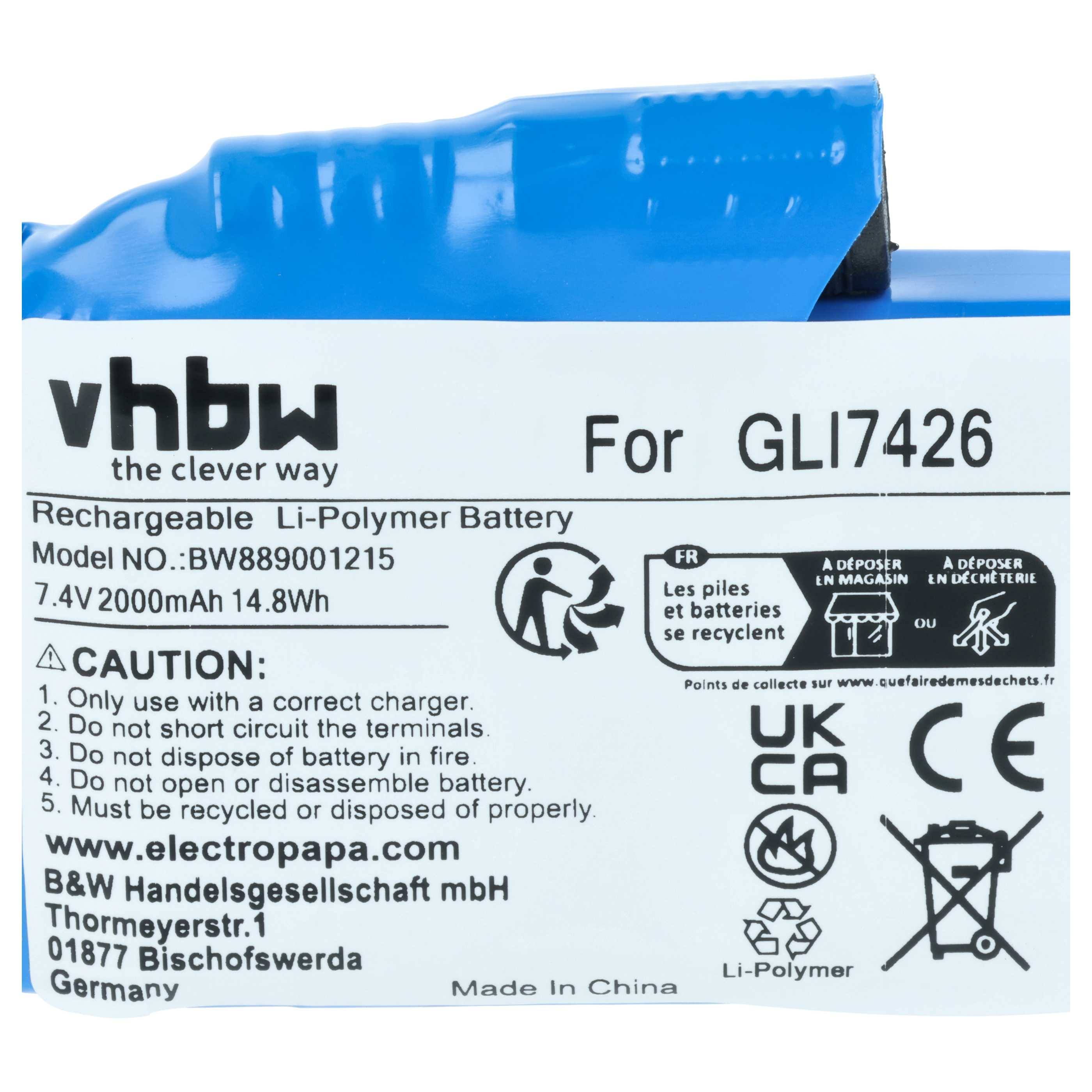 Blaue wiederaufladbare Lithium-Polymer-Batterie mit Vhbw-Logo, Modellnummer und Sicherheitshinweisen.