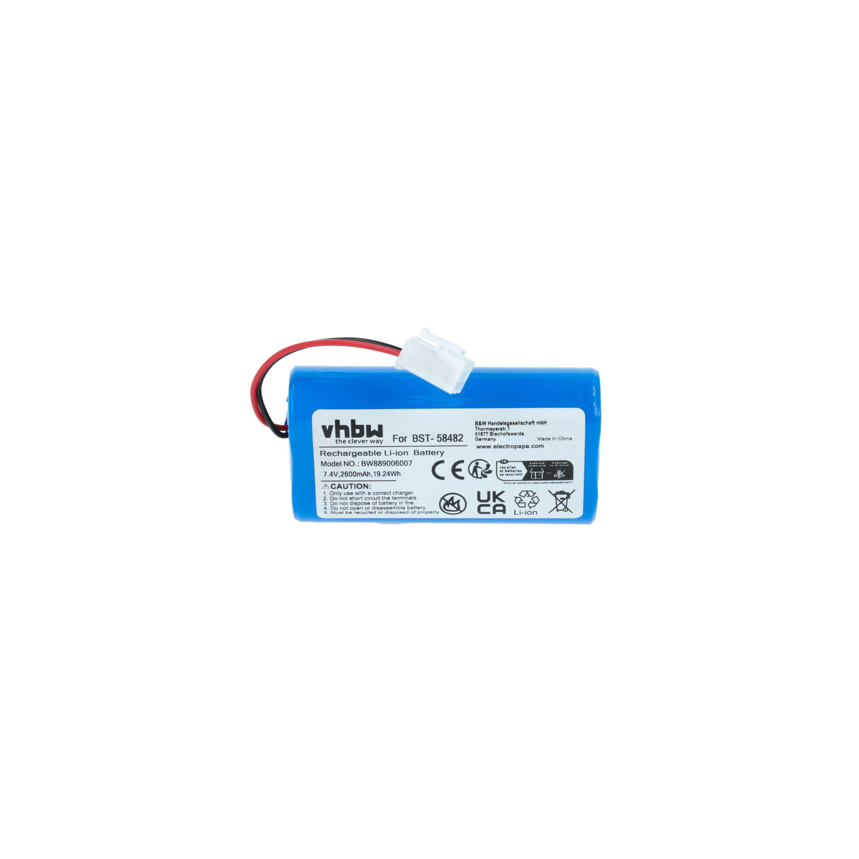 Blaue wiederaufladbare Li-Ion-Batterie mit weißem Etikett und Anschlußkabel.