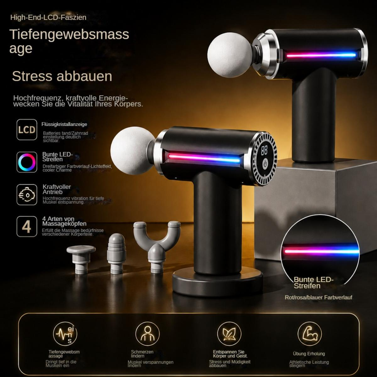 Schwarze Massagepistole mit bunten LEDs, LCD-Anzeige und vier verschiedenen Aufsätzen.