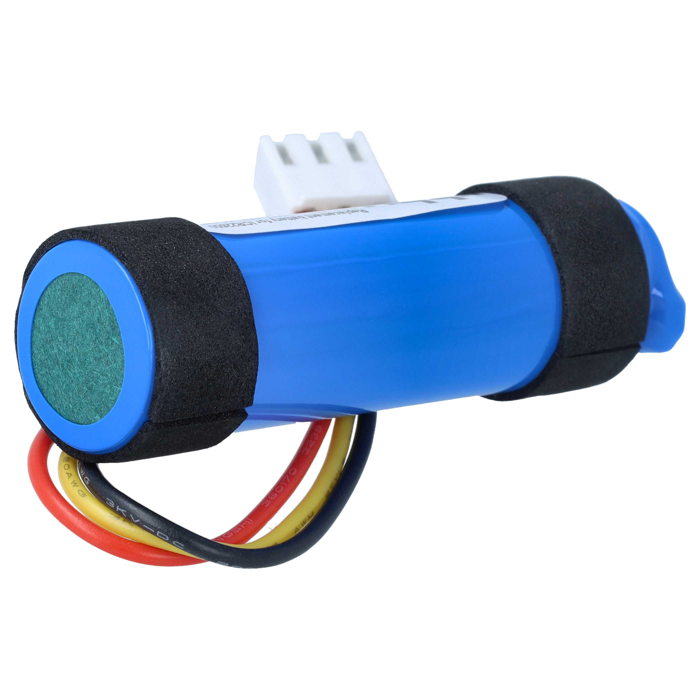 Ein blauer Zylinderakku mit schwarzem Schaumstoff, einem weißen Stecker und roten, gelben sowie schwarzen Kabeln.