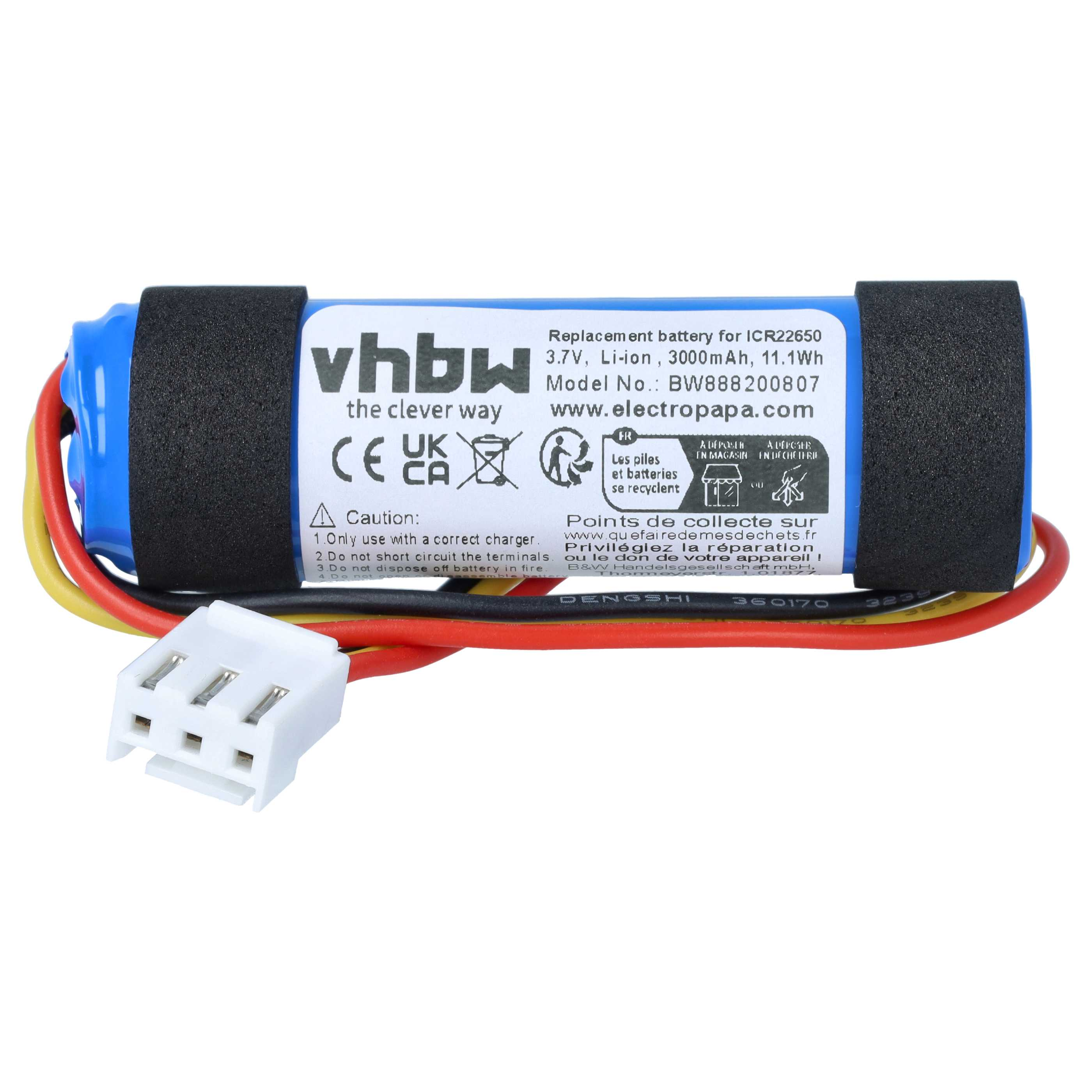 Blaue zylindrische vhbw Ersatzbatterie mit Warnhinweisen und angeschlossenen roten und gelben Kabeln mit weißem Stecker.
