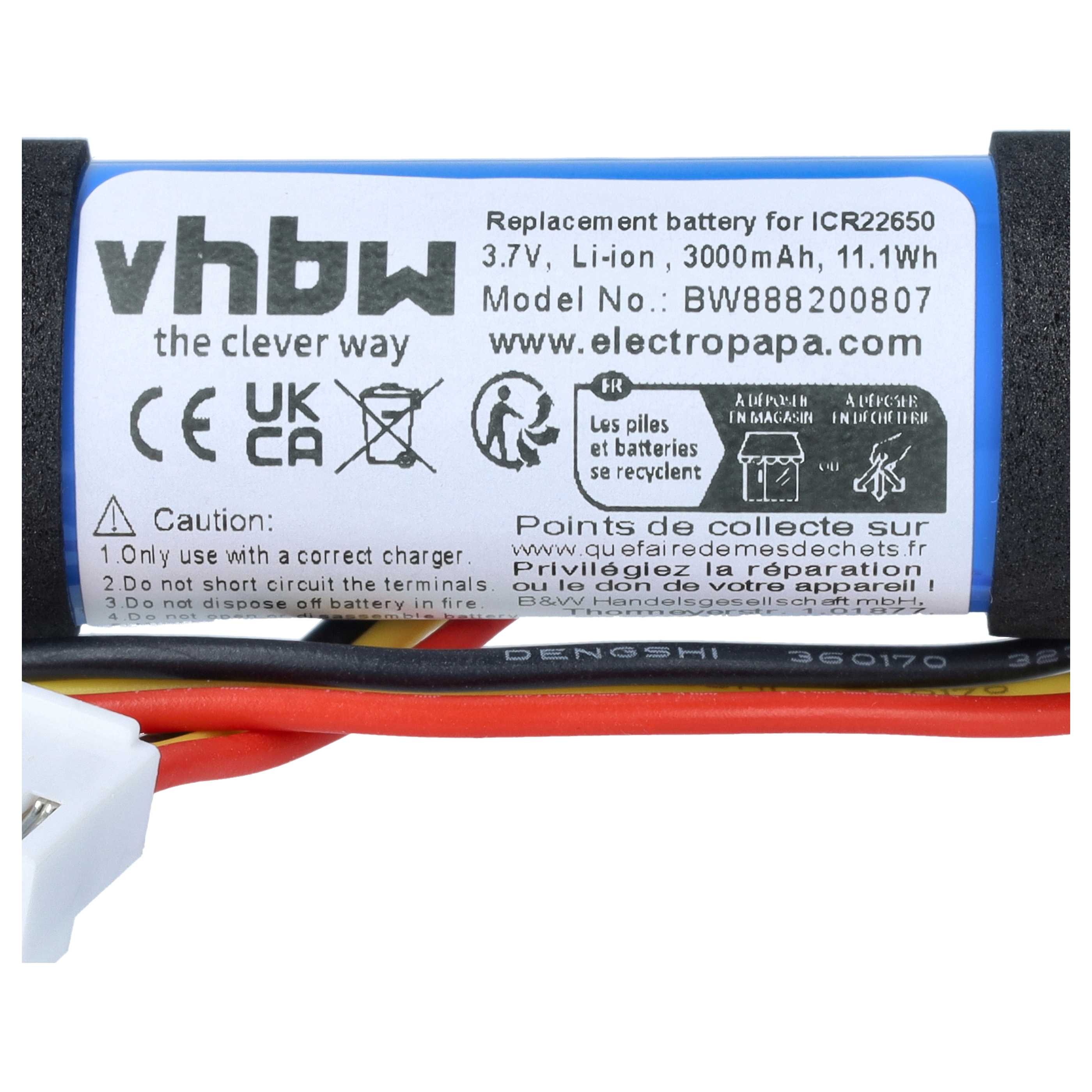 Blaue Vhbw Ersatzbatterie mit schwarzen, gelben und roten Kabeln und weißem Stecker.