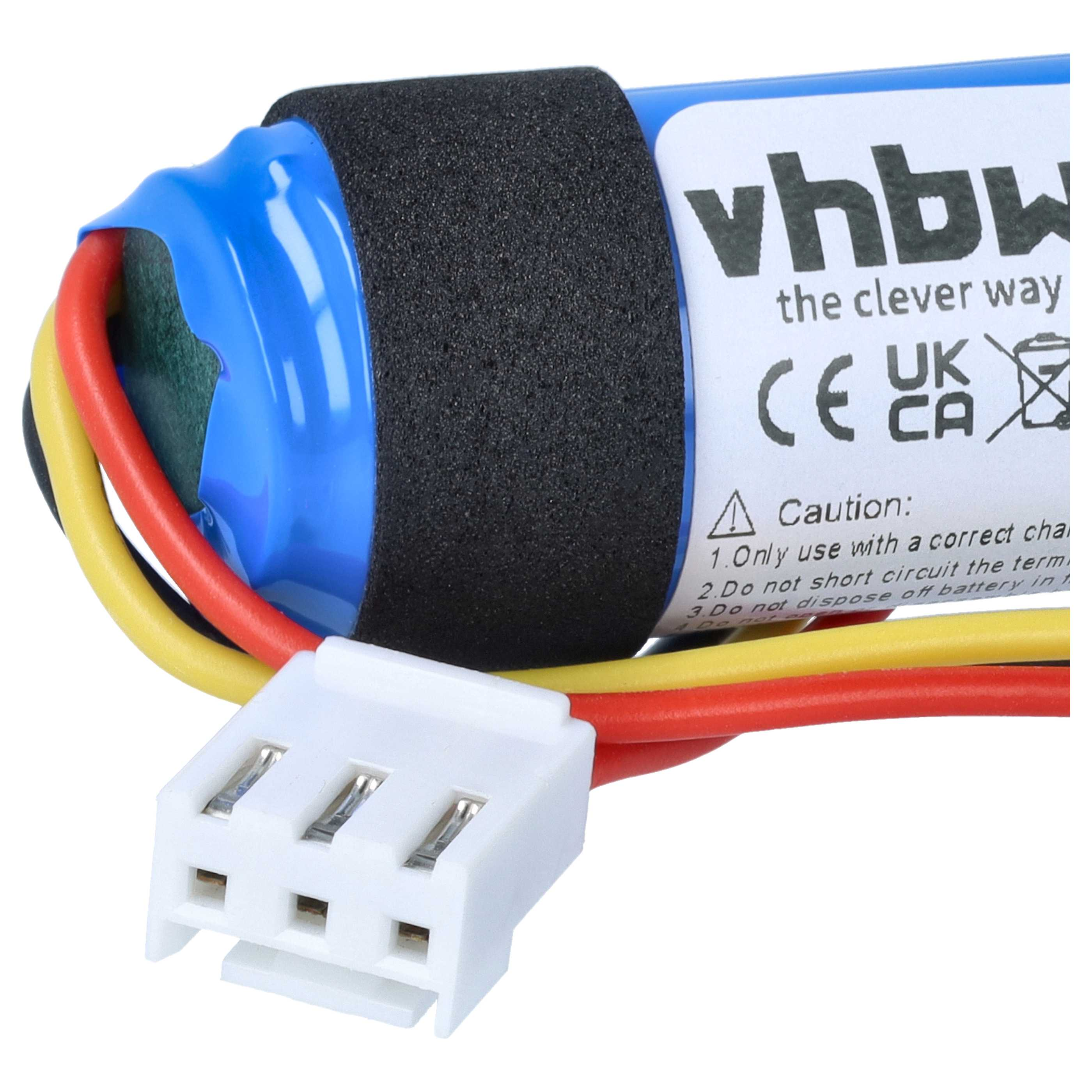Blaue wiederaufladbare Batterie mit Vhbw-Etikett, Schaumstoffring und weißem dreipoligen Stecker mit roten und gelben Kabeln.
