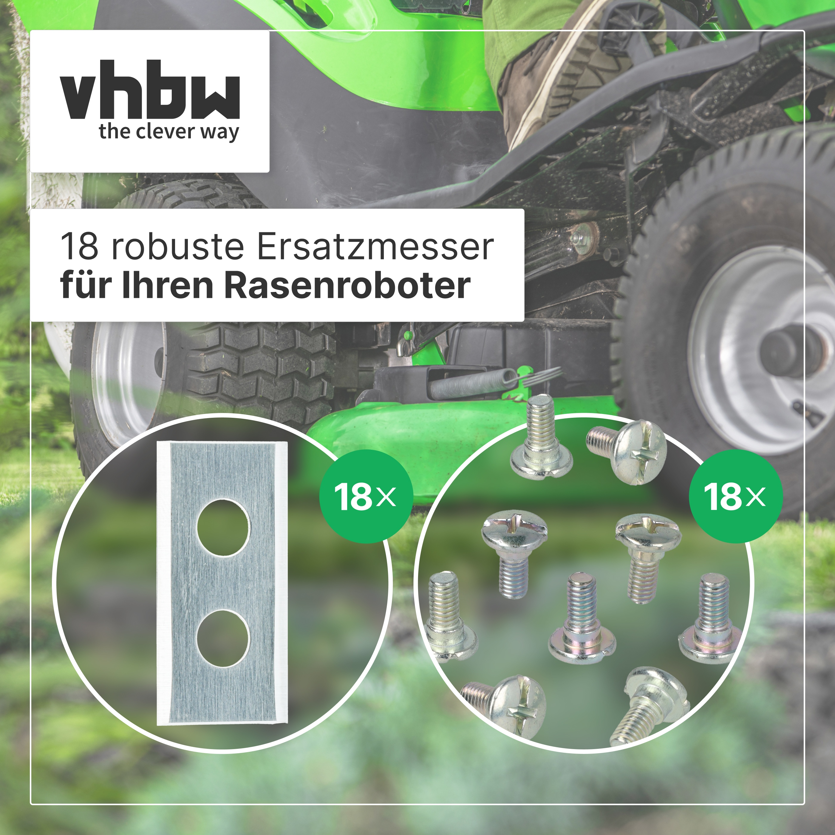 Produktwerbung mit 18 Ersatzmessern und Schrauben für Mähroboter vor grünem Mäher-Hintergrund.