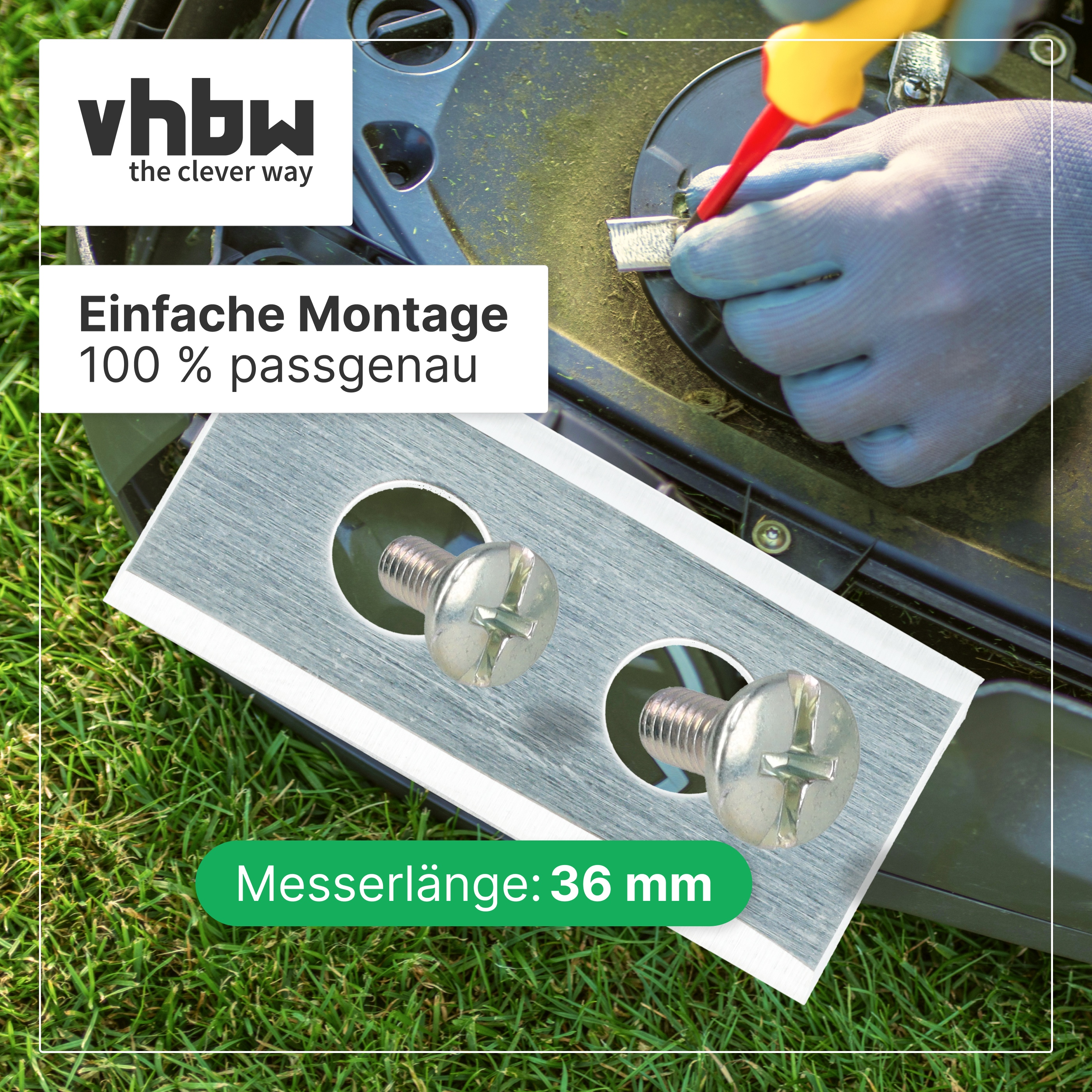 Ein handschuherledigter Arbeiter schraubt ein Ersatzmesser an einen Rasenmäher.