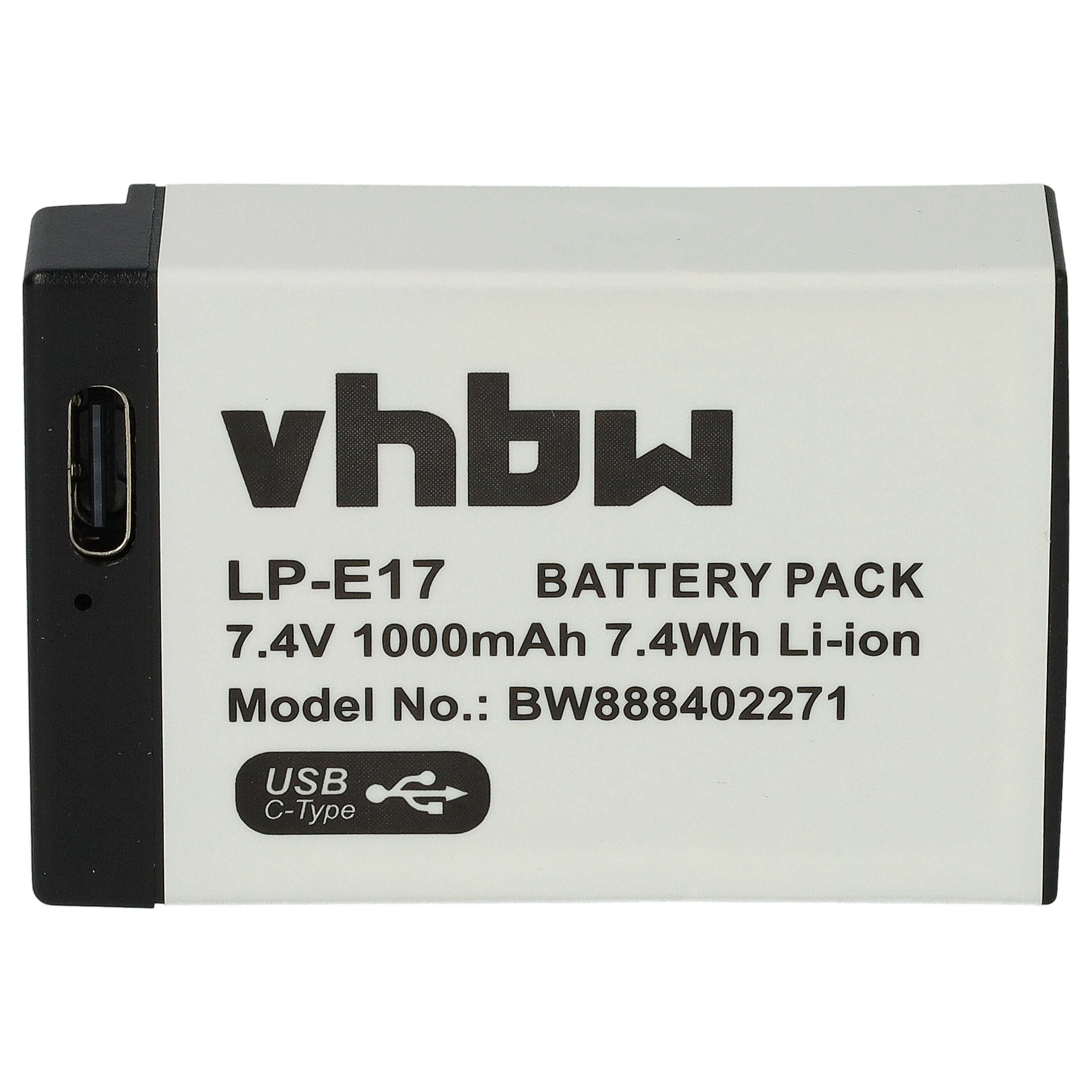 Ein weißer vhbw LP-E17 Akku mit USB-C-Anschluss, Modell BW888402271.