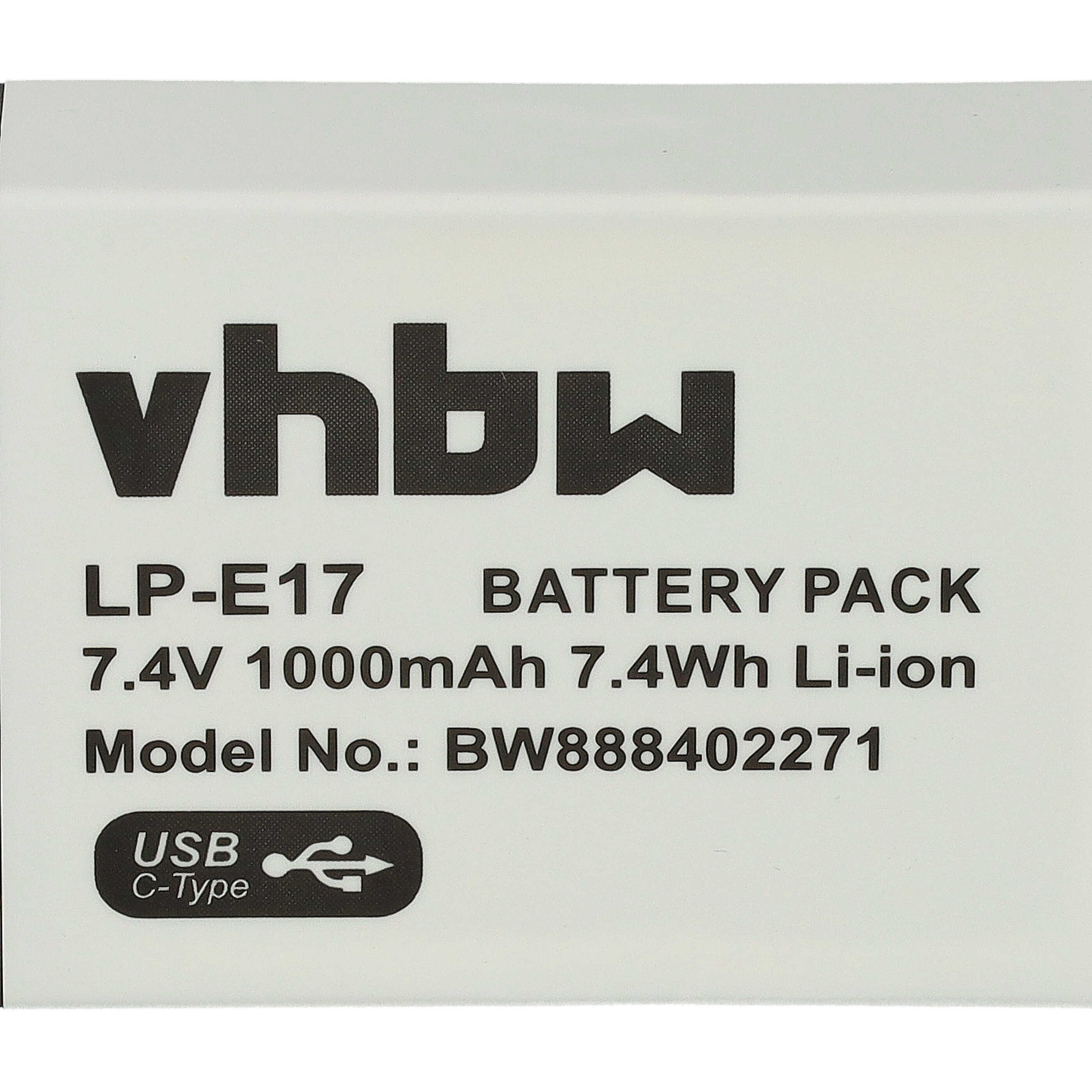 Weißer Akku mit schwarzem Text vhbw, LP-E17, 7,4V und einem USB Type-C Logo unten.