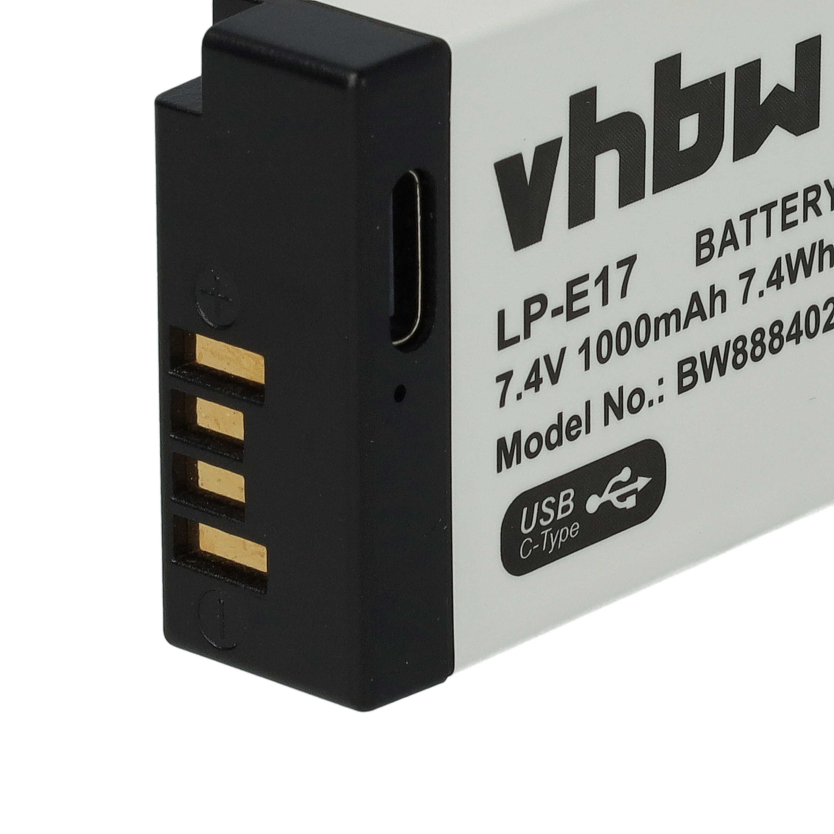 Nahaufnahme eines weiß-schwarzen vhbw LP-E17 Akkus mit Goldkontakten und USB Type-C Anschluss auf weißem Hintergrund.