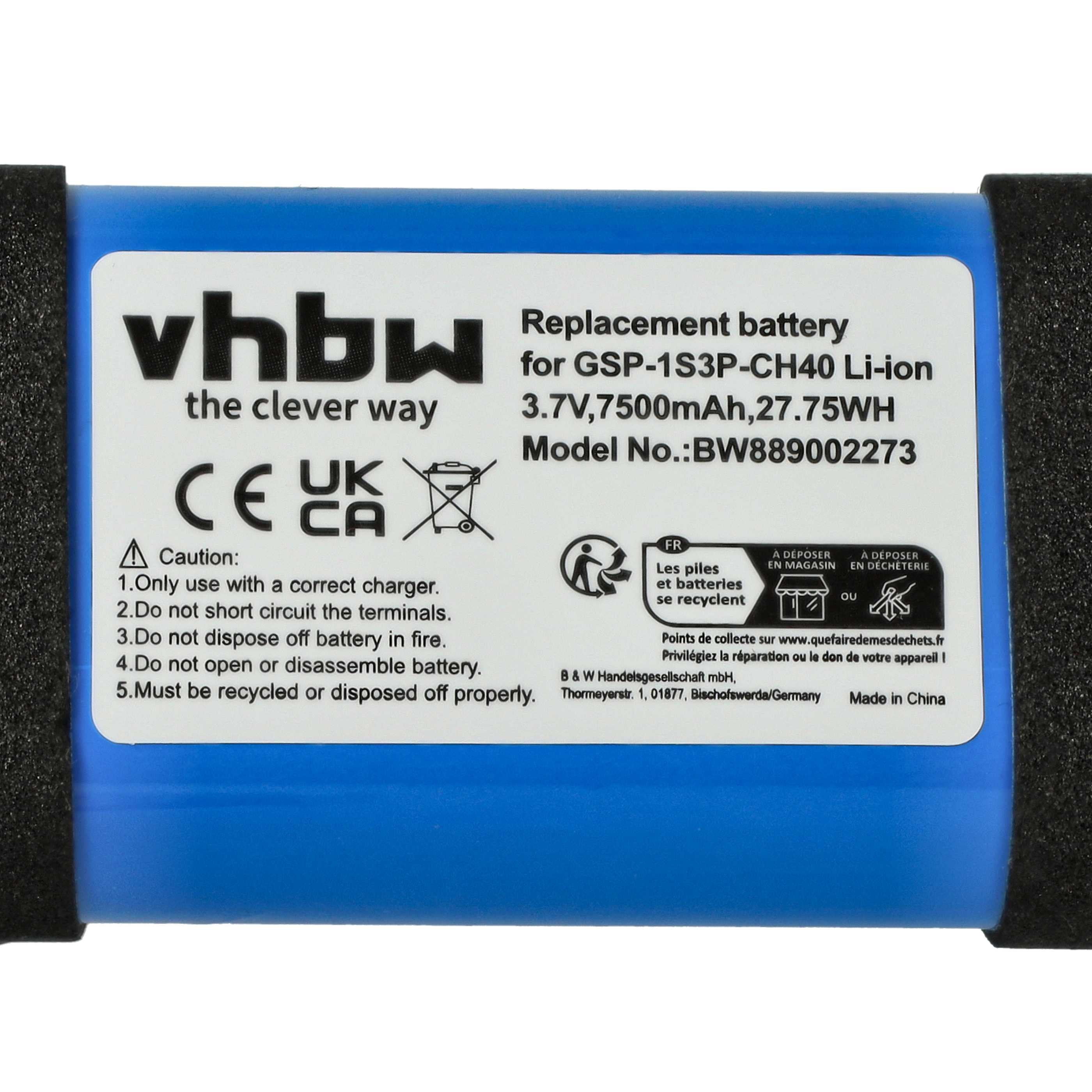 Blaue Ersatzbatterie mit weißem Etikett mit technischen Daten, Warnungen und CE-Kennzeichnung.