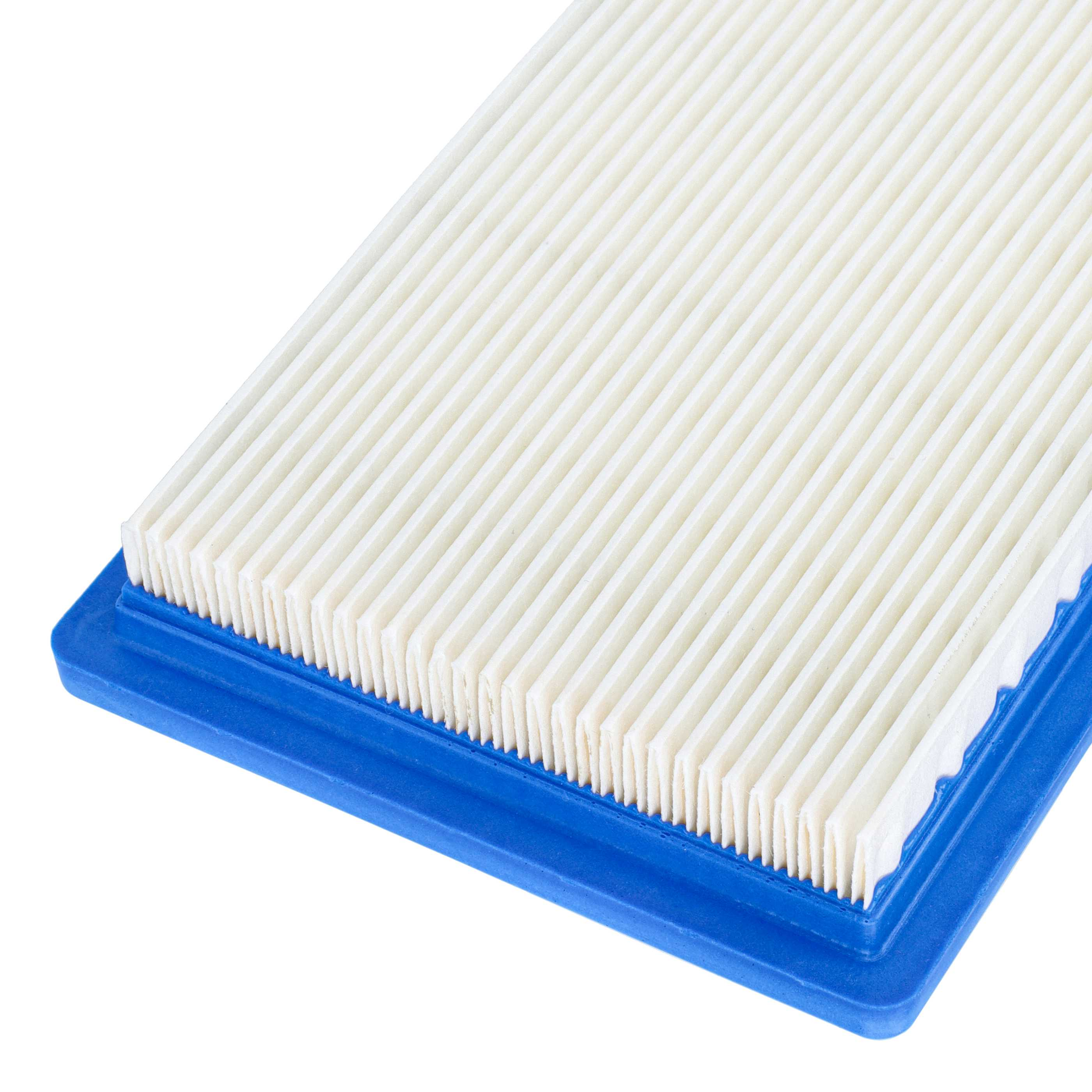 Ein rechteckiger Auto-Luftfilter mit weißem Faltenpapier und einem blauen Plastikrahmen auf weißem Hintergrund.