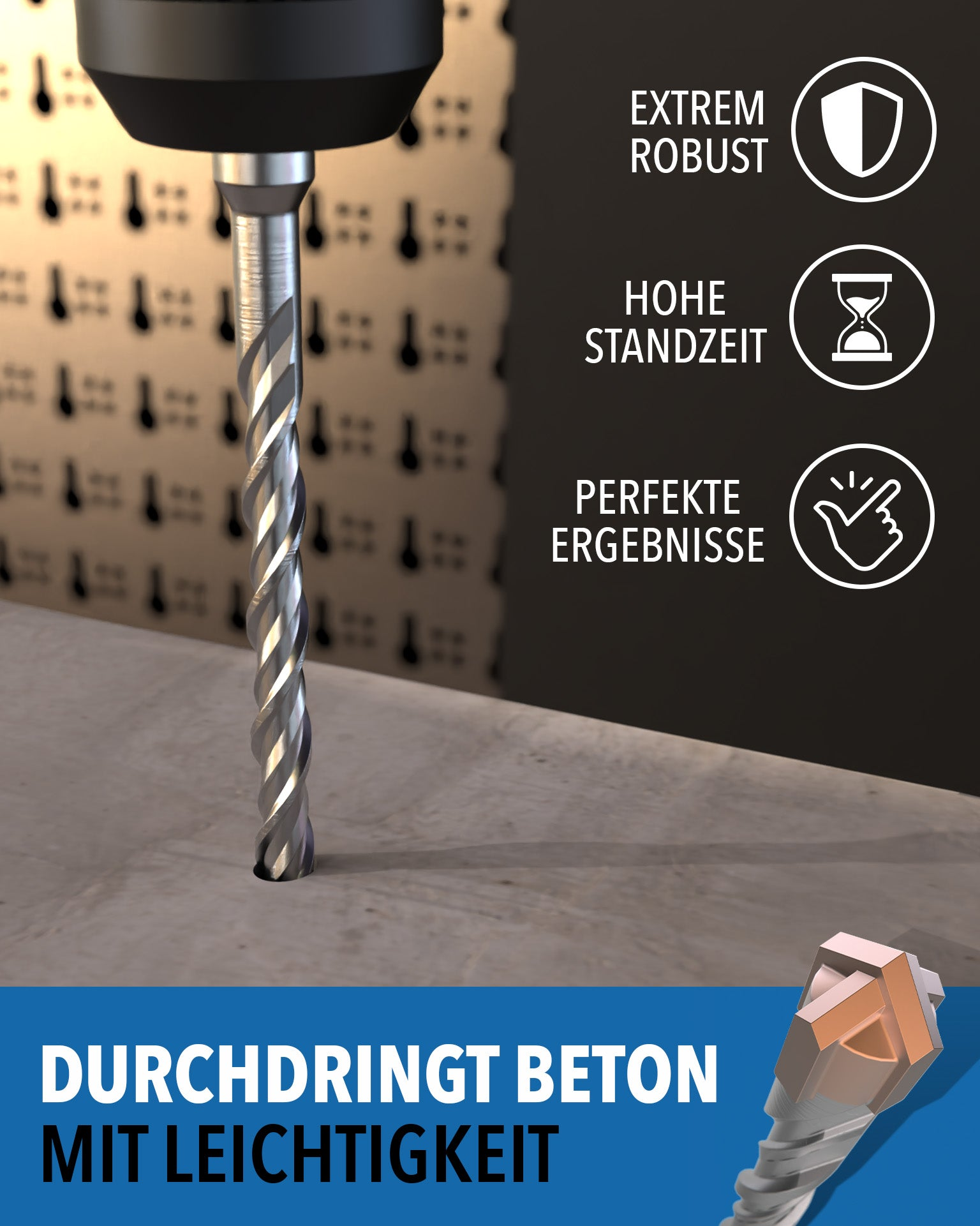 Ein Bohrhammer bohrt in Beton, begleitet von Text und Symbolen für Robustheit und Langlebigkeit.
