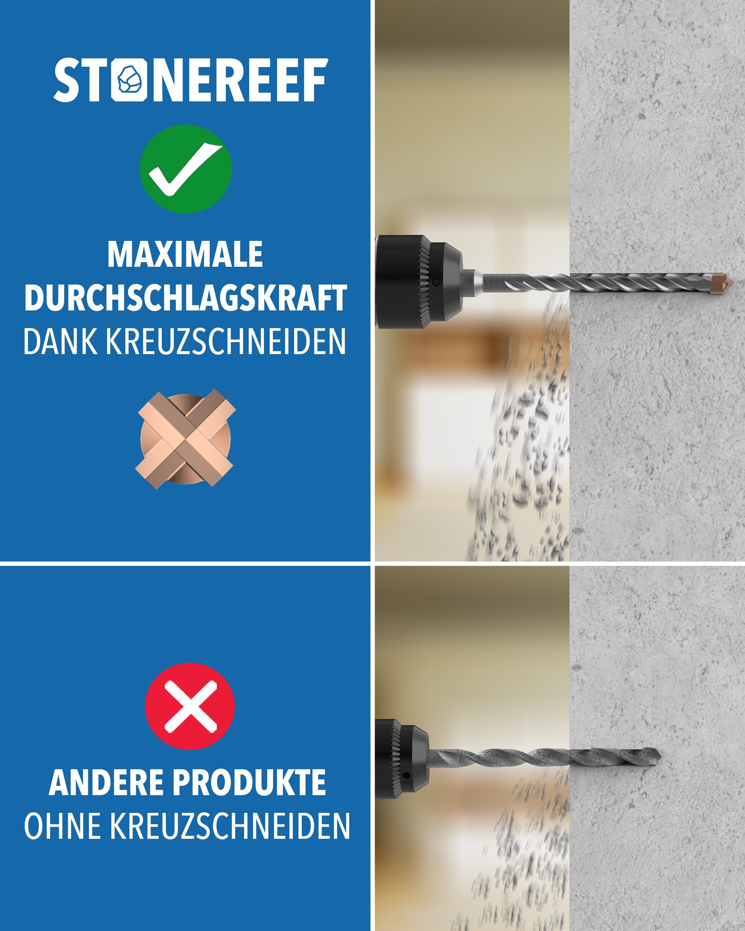 Vergleich zweier Bohrer: Ein Kreuzschneiden-Bohrer bohrt präzise in Beton, ein normaler Bohrer zeigt schwache Leistung.