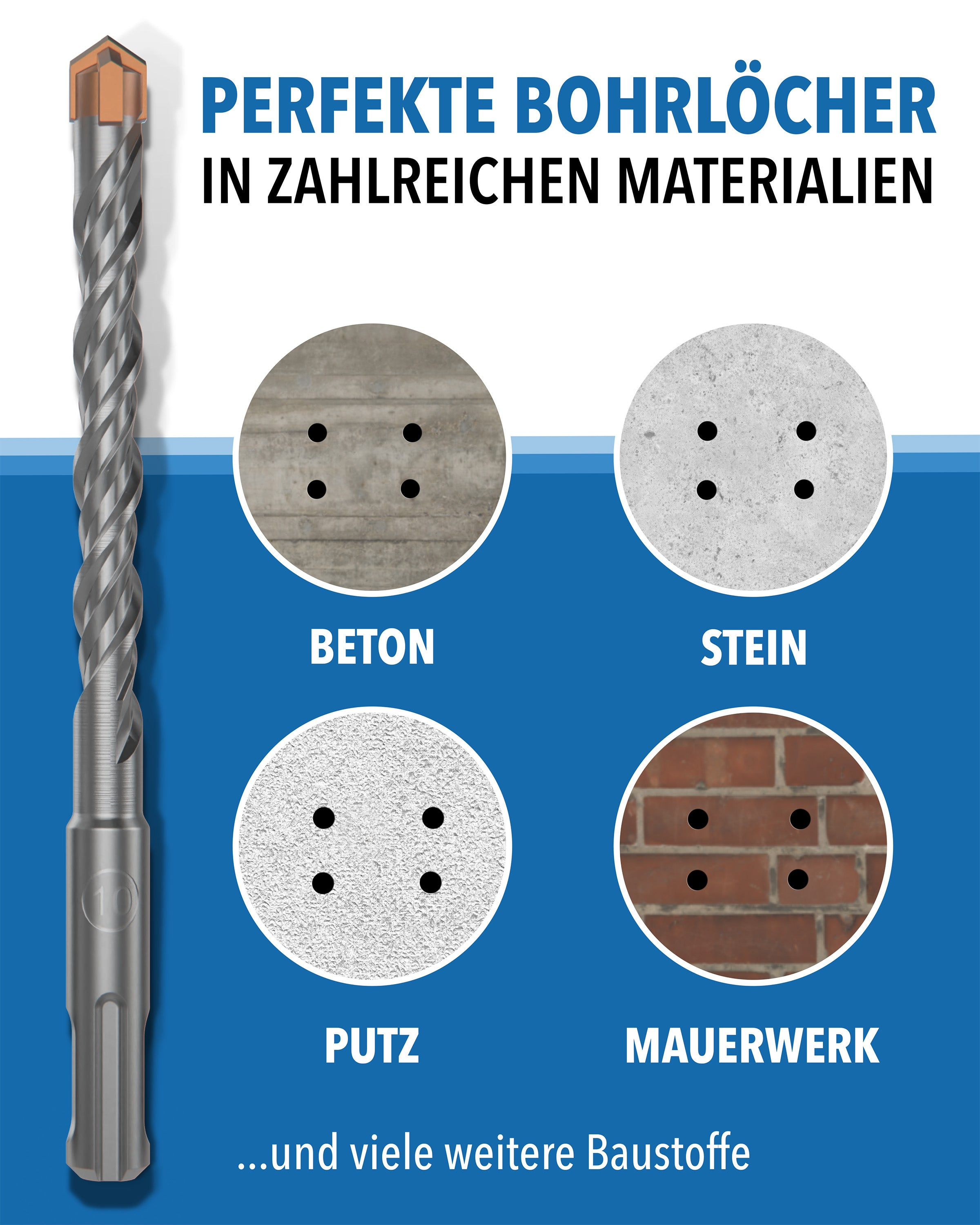 Ein grauer Bohrer auf blauem Hintergrund mit runden Ausschnitten, die Bohrlöcher in Beton, Stein, Putz und Mauerwerk zeigen.