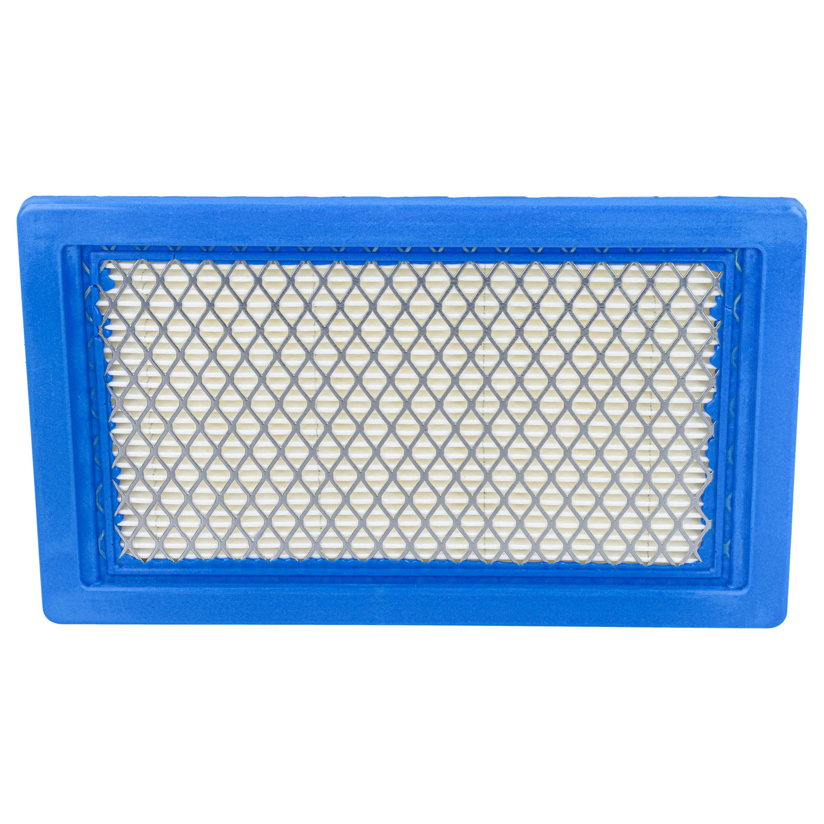 Rechteckiger blauer Luftfilter mit Metallgitter auf weißem Hintergrund.