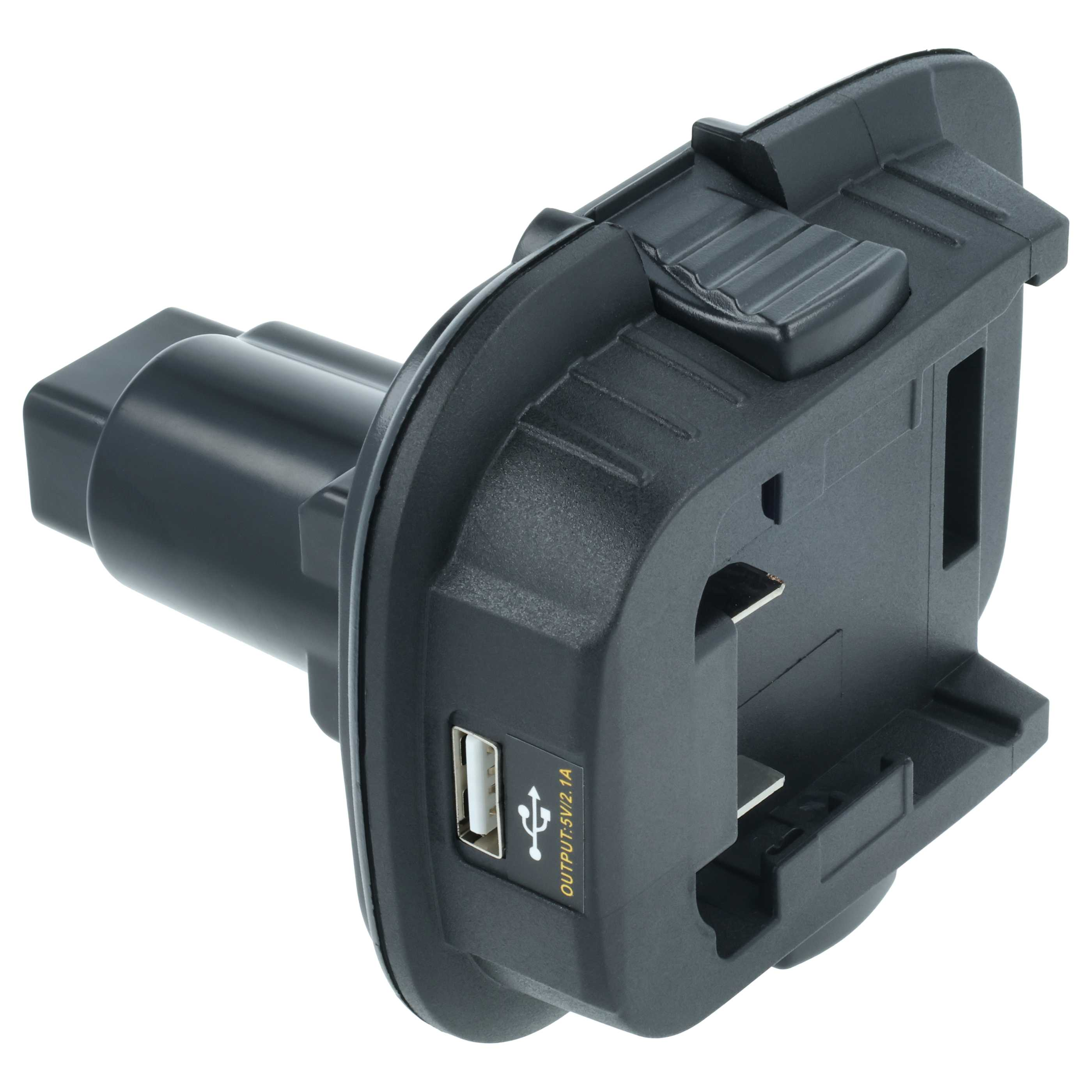 Schwarzer USB-Akkuadapter mit Klemmen für Elektrowerkzeuge vor weißem Hintergrund.