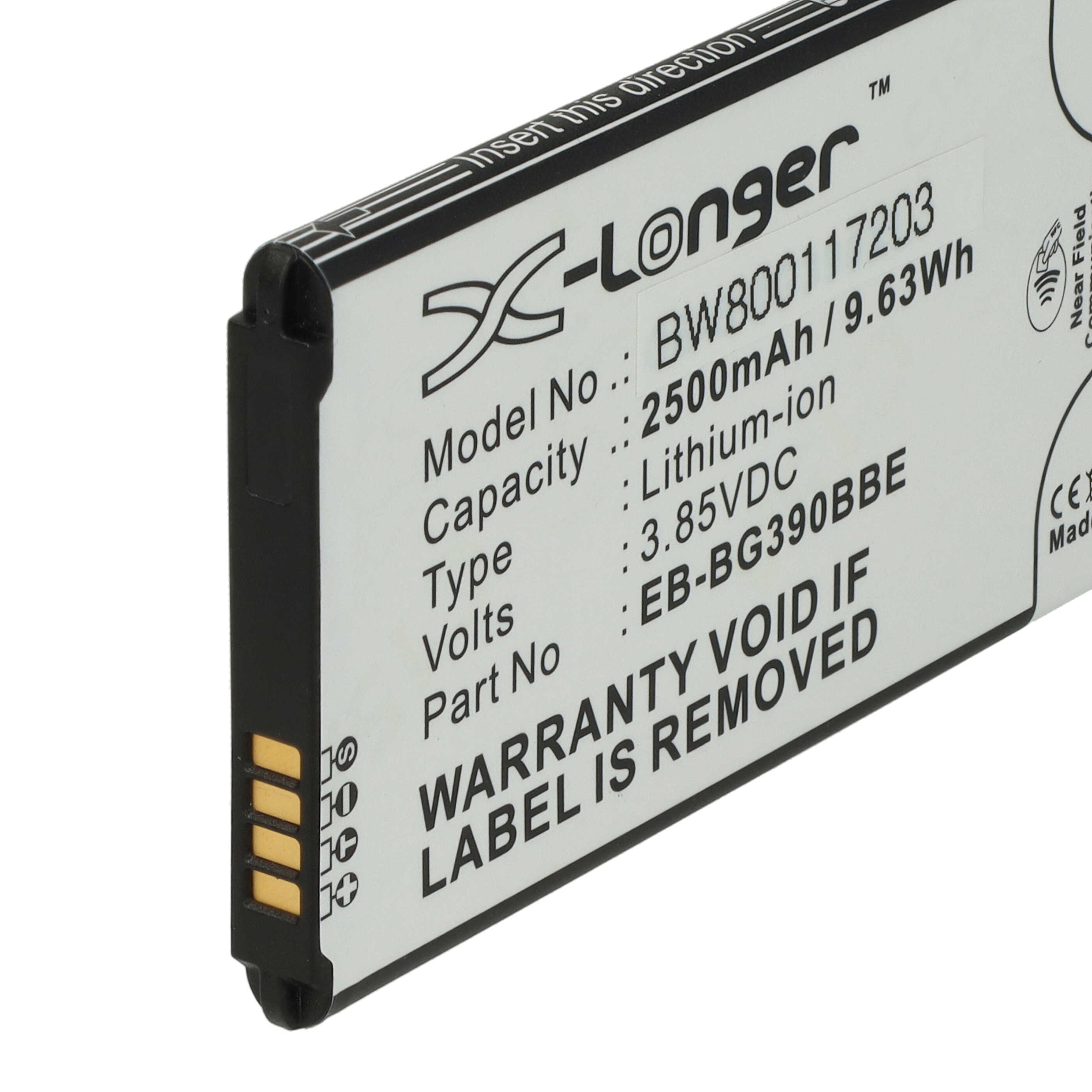 Nahaufnahme einer schwarzen und weißen X-Longer Lithium-Ionen-Batterie mit technischen Daten.