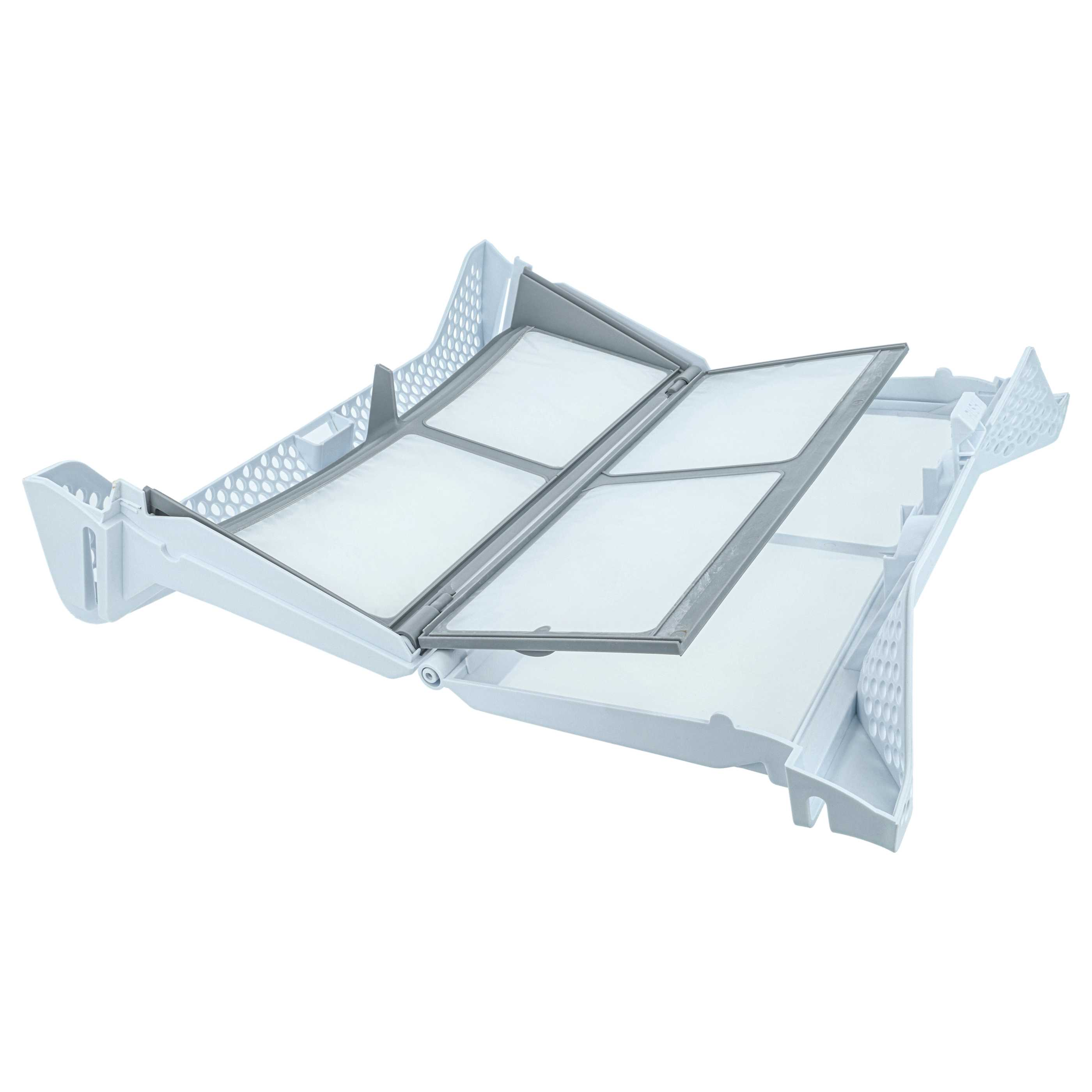 Ein weißer, zweiteiliger Trocknerflusenfilter mit grauem Rahmen auf weißem Grund.