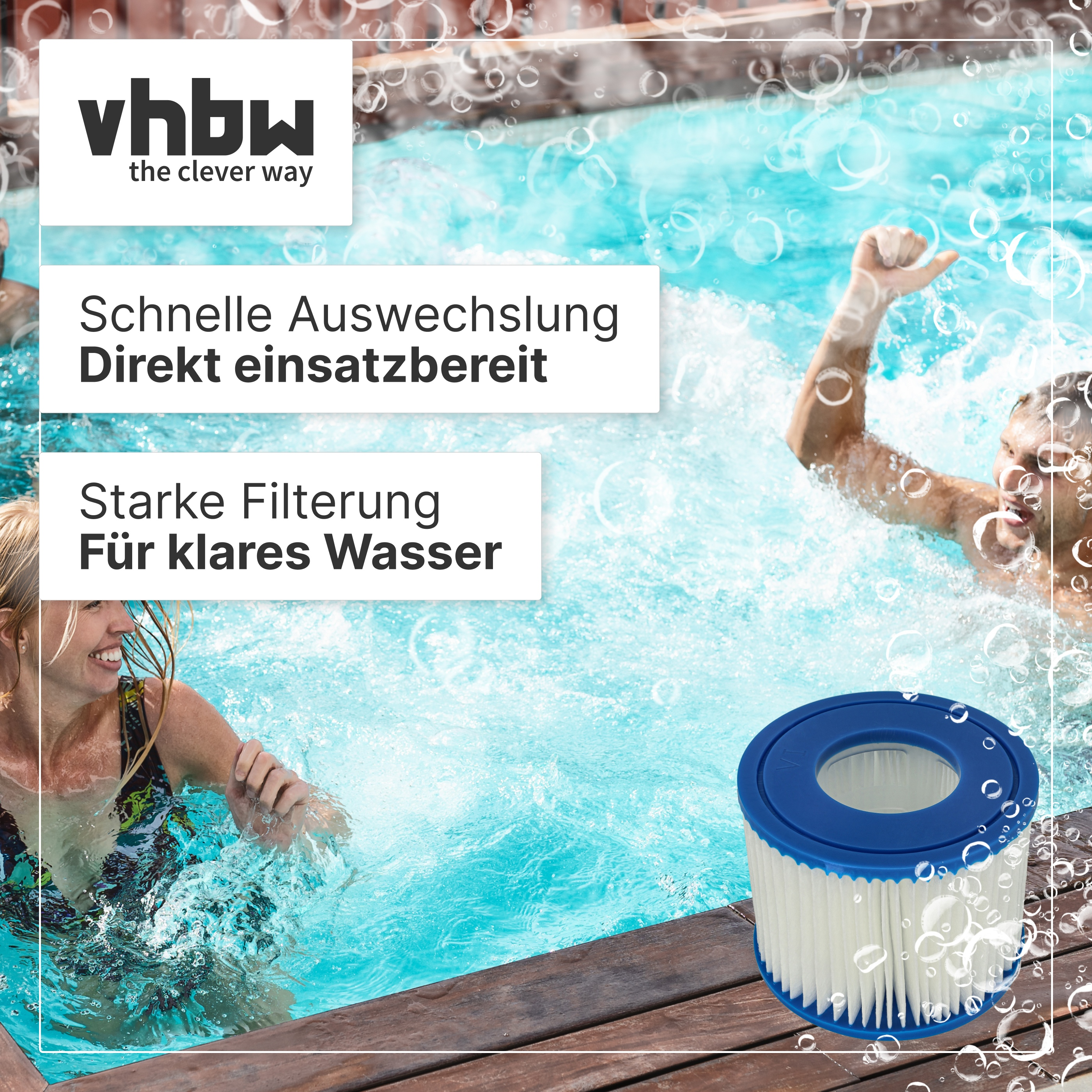Poolfilter und Menschen im Whirlpool mit Text für Vhbw.