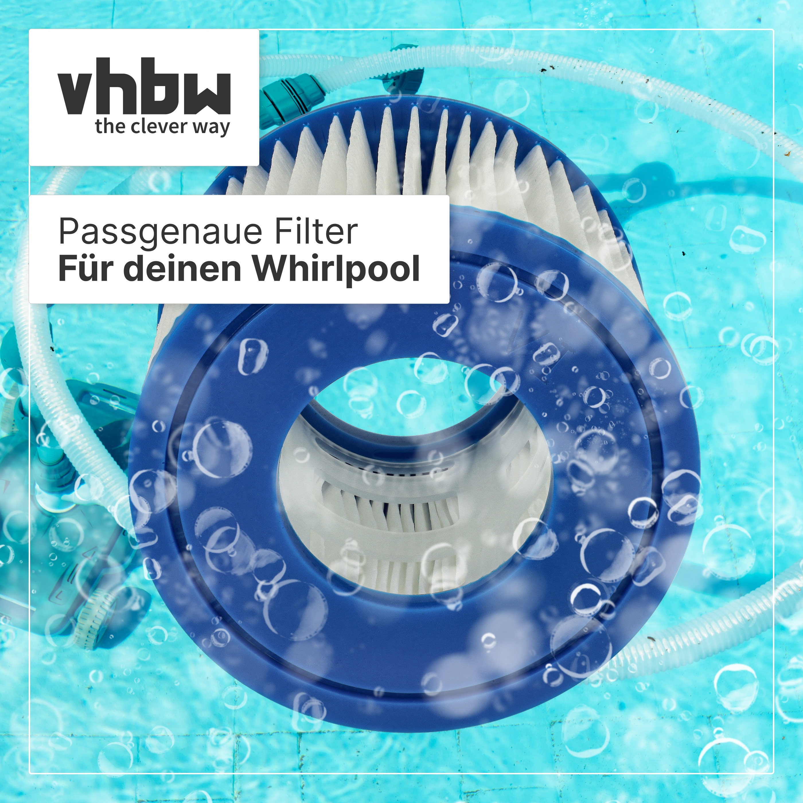 Ein blau-weißer Whirlpoolfilter in klarem Wasser mit Luftblasen und Vhbw-Logo.