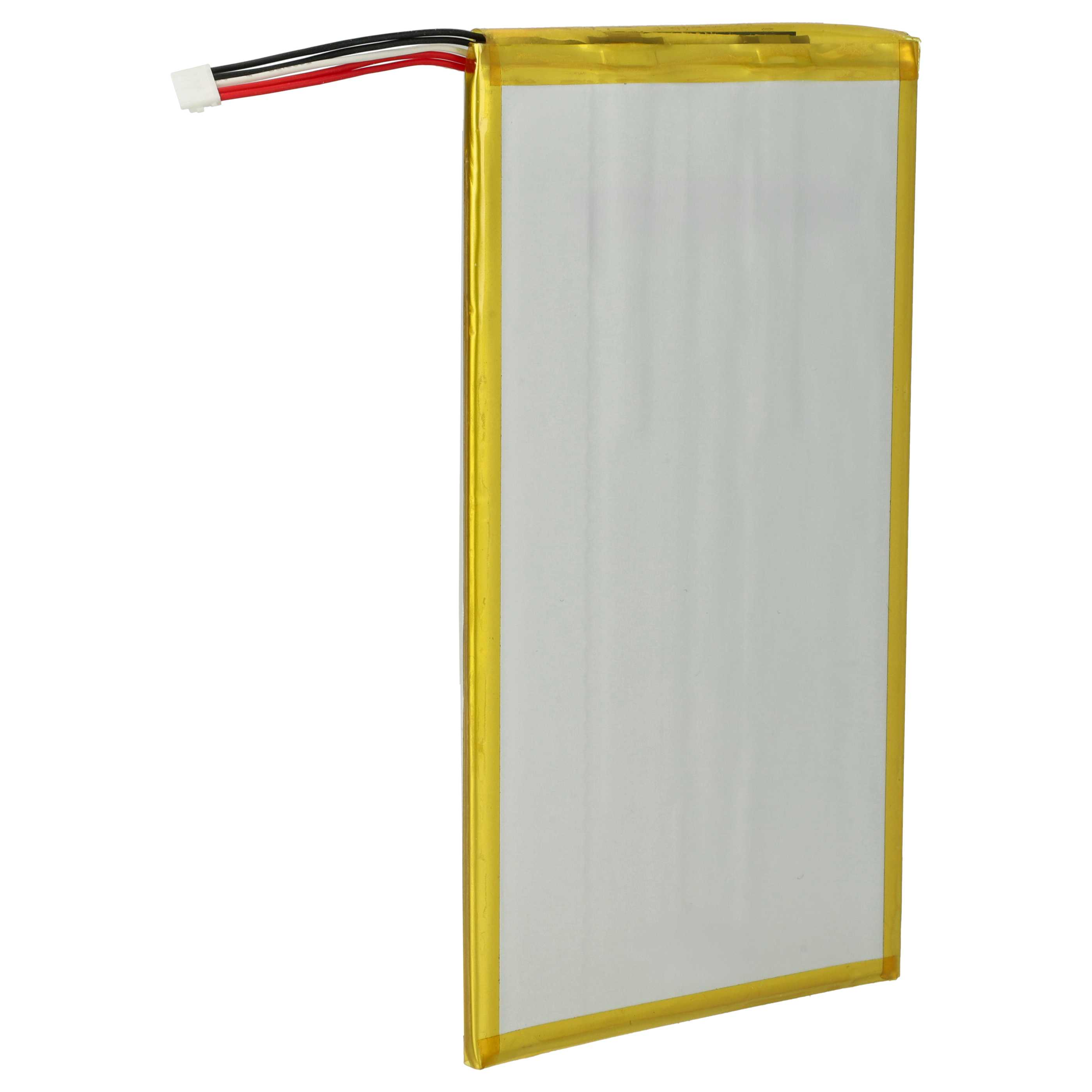 Ein rechteckiger Lithium-Polymer-Akku mit gelbem Rand und vier farbigen Kabeln an einem weißen Stecker.
